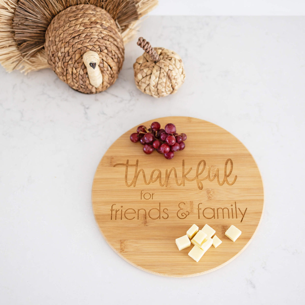 Thankful For Friends &amp; Family - Round Bamboo Charcuterie Board