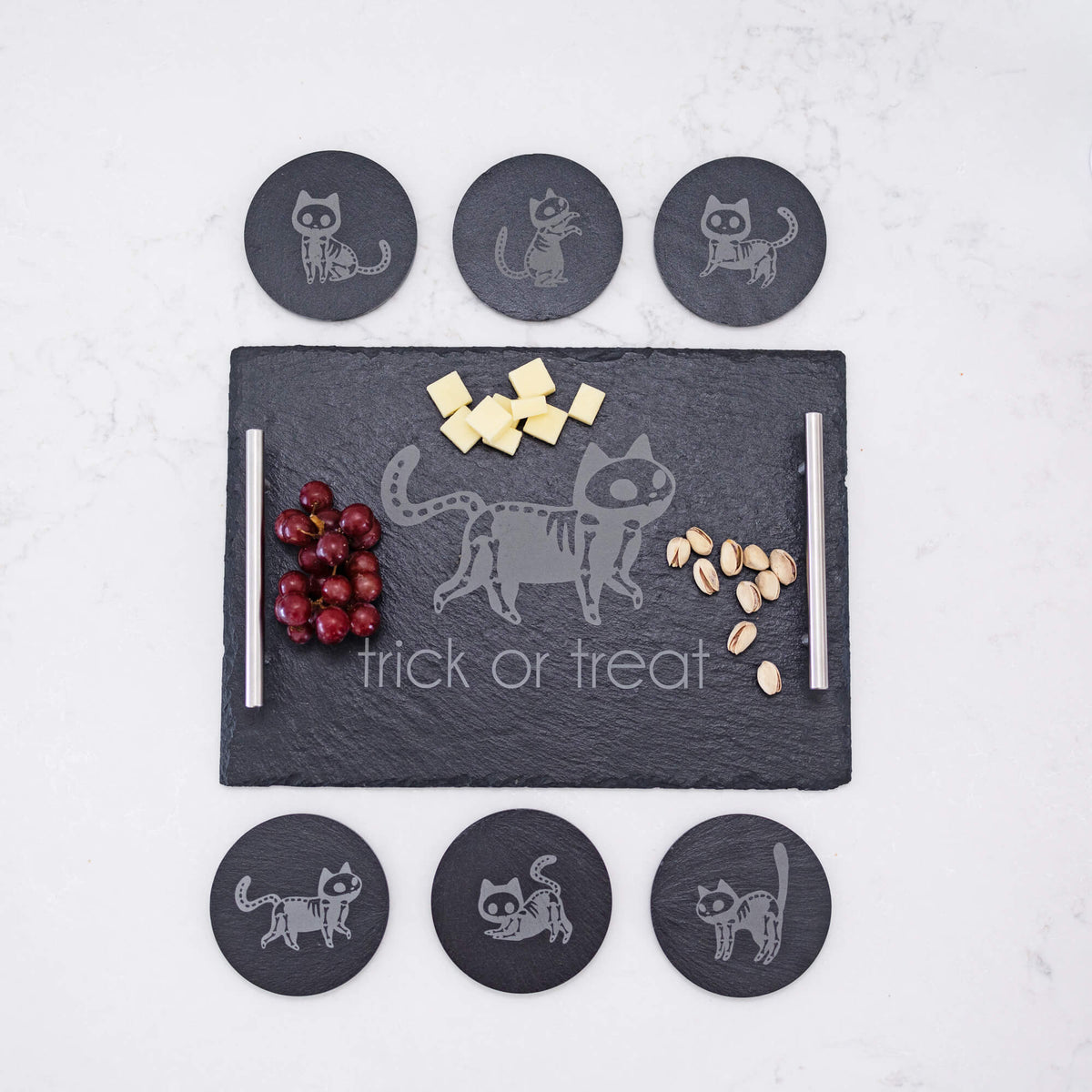 Trick or Treat Skeleton Cat - Slate Charcuterie Board