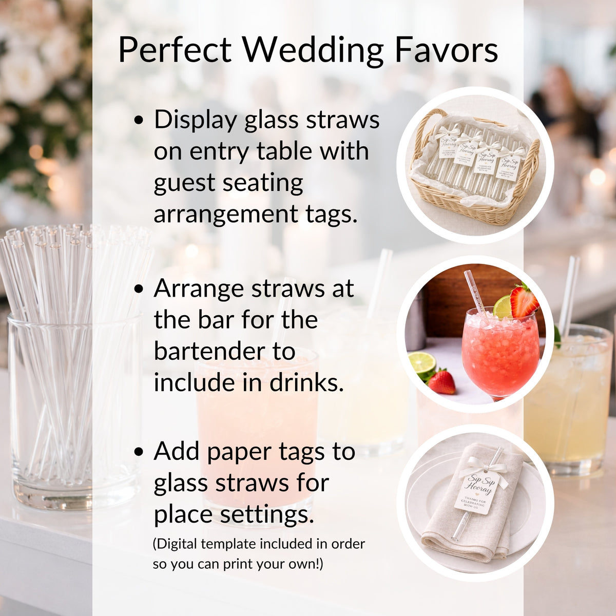 Wedding Favor Glass Straws Sip Sip Hooray