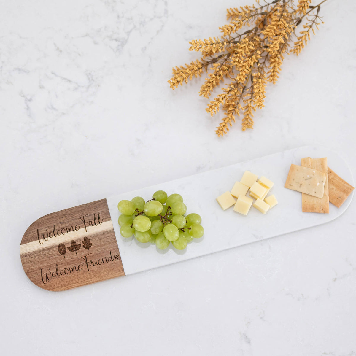 Welcome Fall Welcome Friends - Marble &amp; Acacia Oval Charcuterie Board