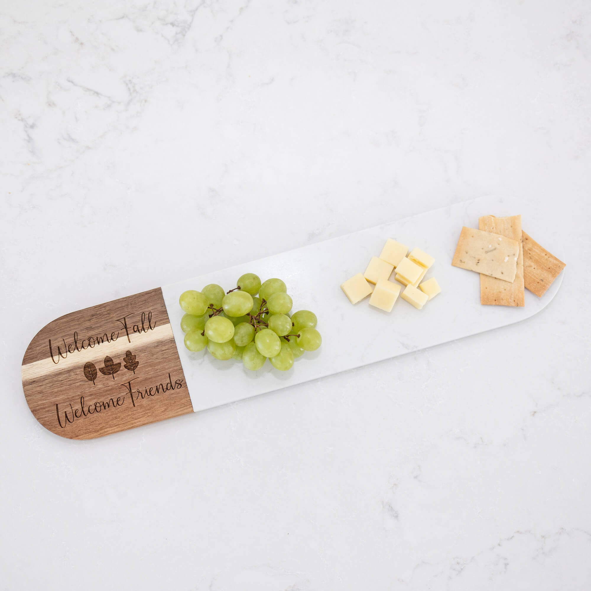 Welcome Fall Welcome Friends - Marble & Acacia Oval Charcuterie Board