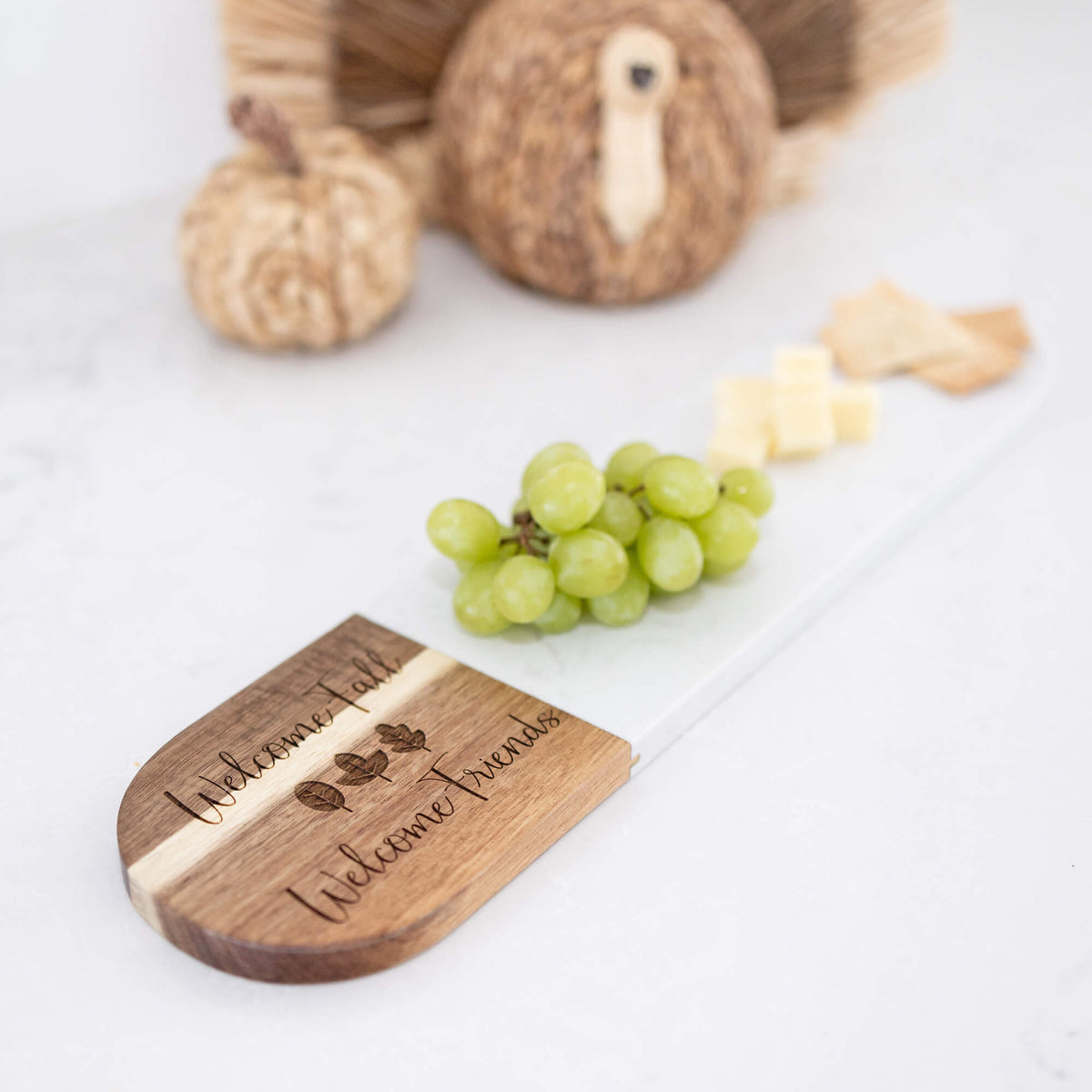 Welcome Fall Welcome Friends - Marble & Acacia Oval Charcuterie Board
