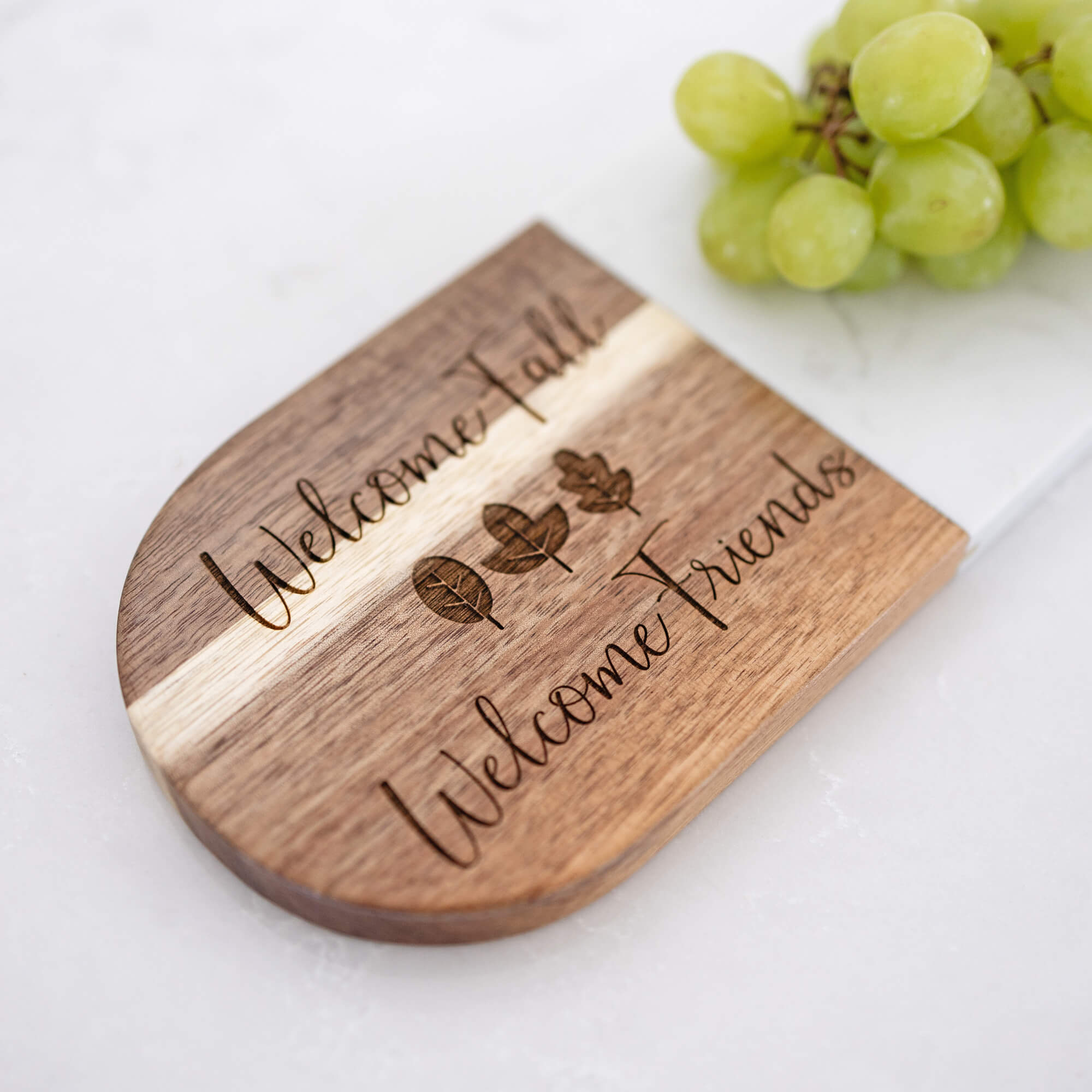 Welcome Fall Welcome Friends - Marble & Acacia Oval Charcuterie Board