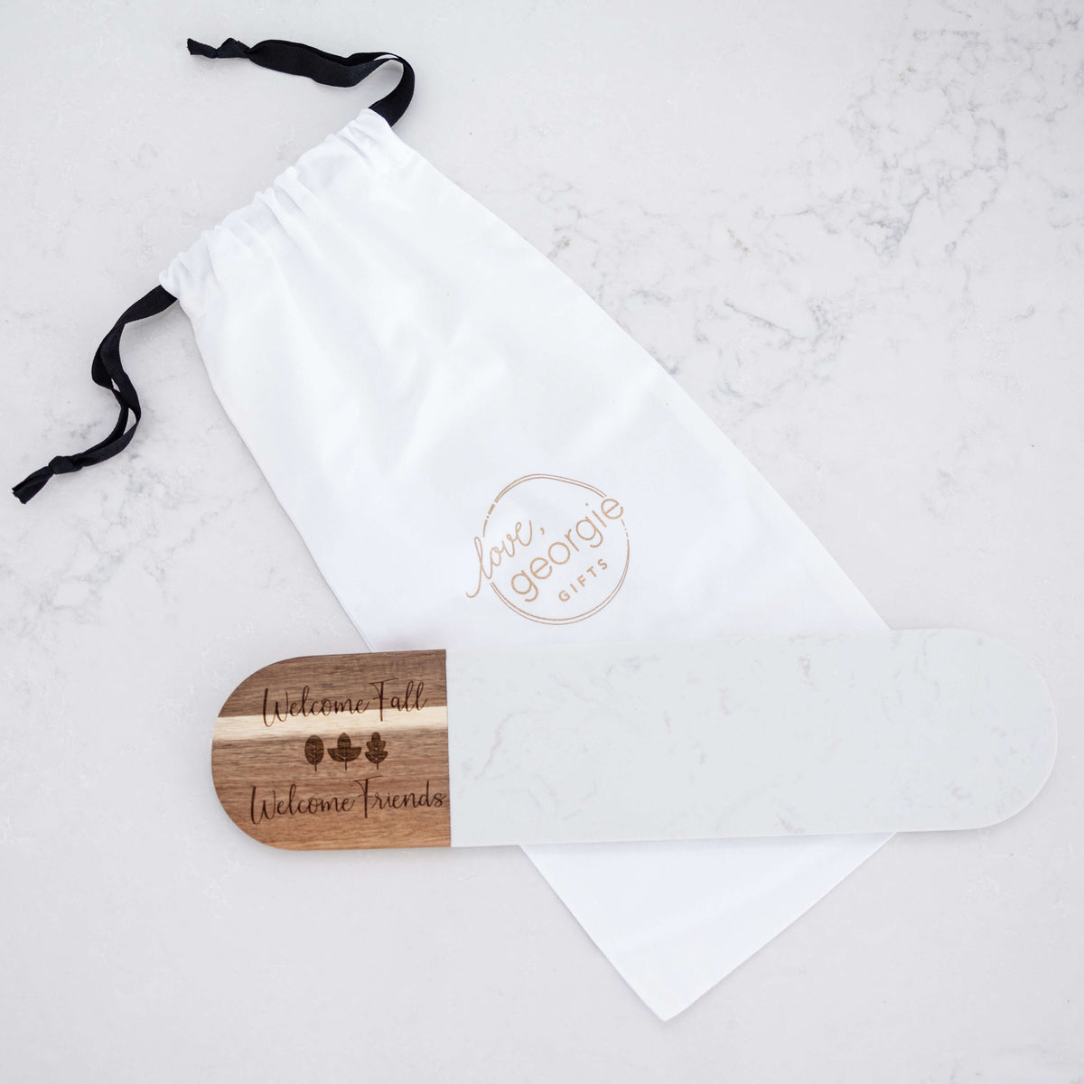 Welcome Fall Welcome Friends - Marble & Acacia Oval Charcuterie Board