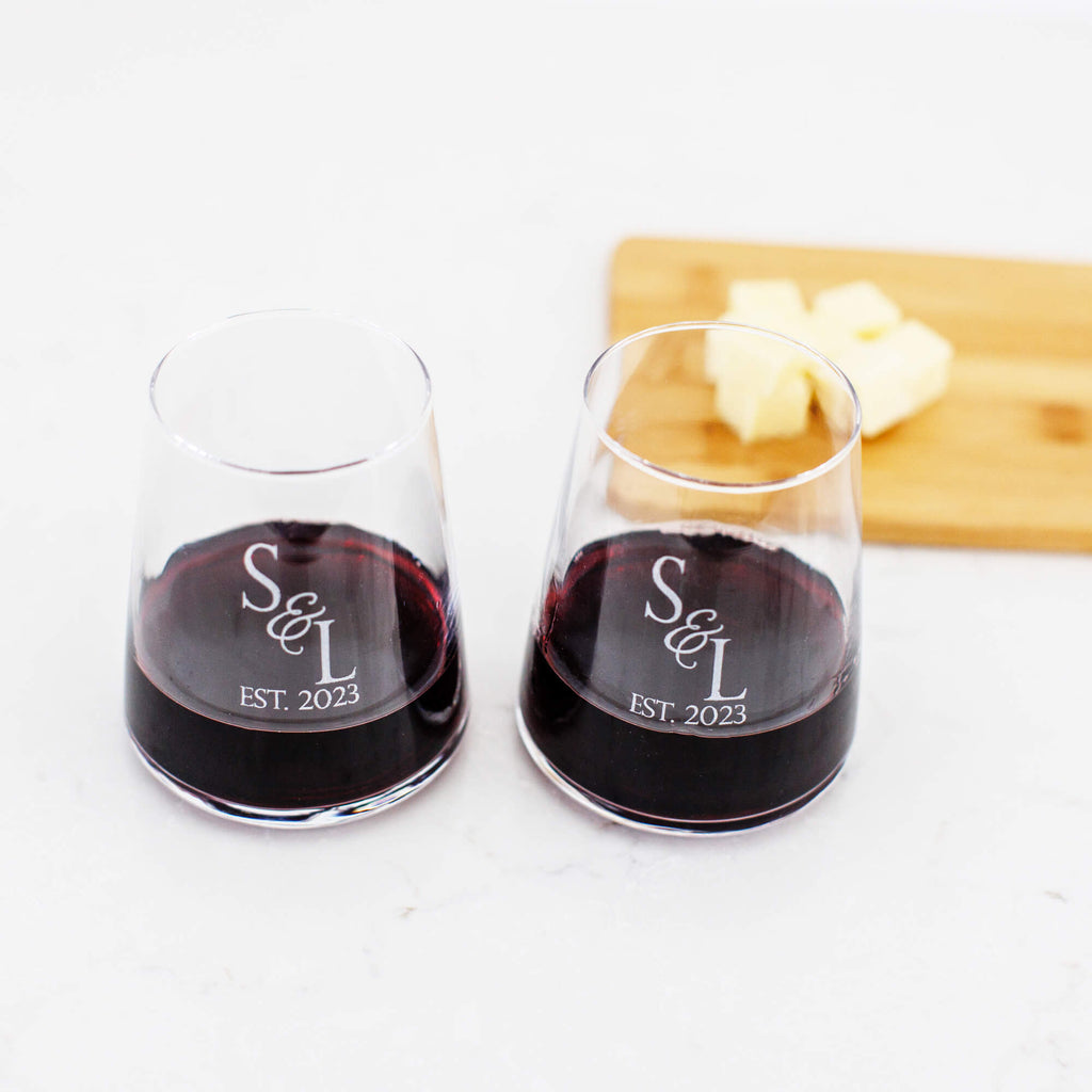 Couple's Set of Modern Wine Glasses with Initials Date