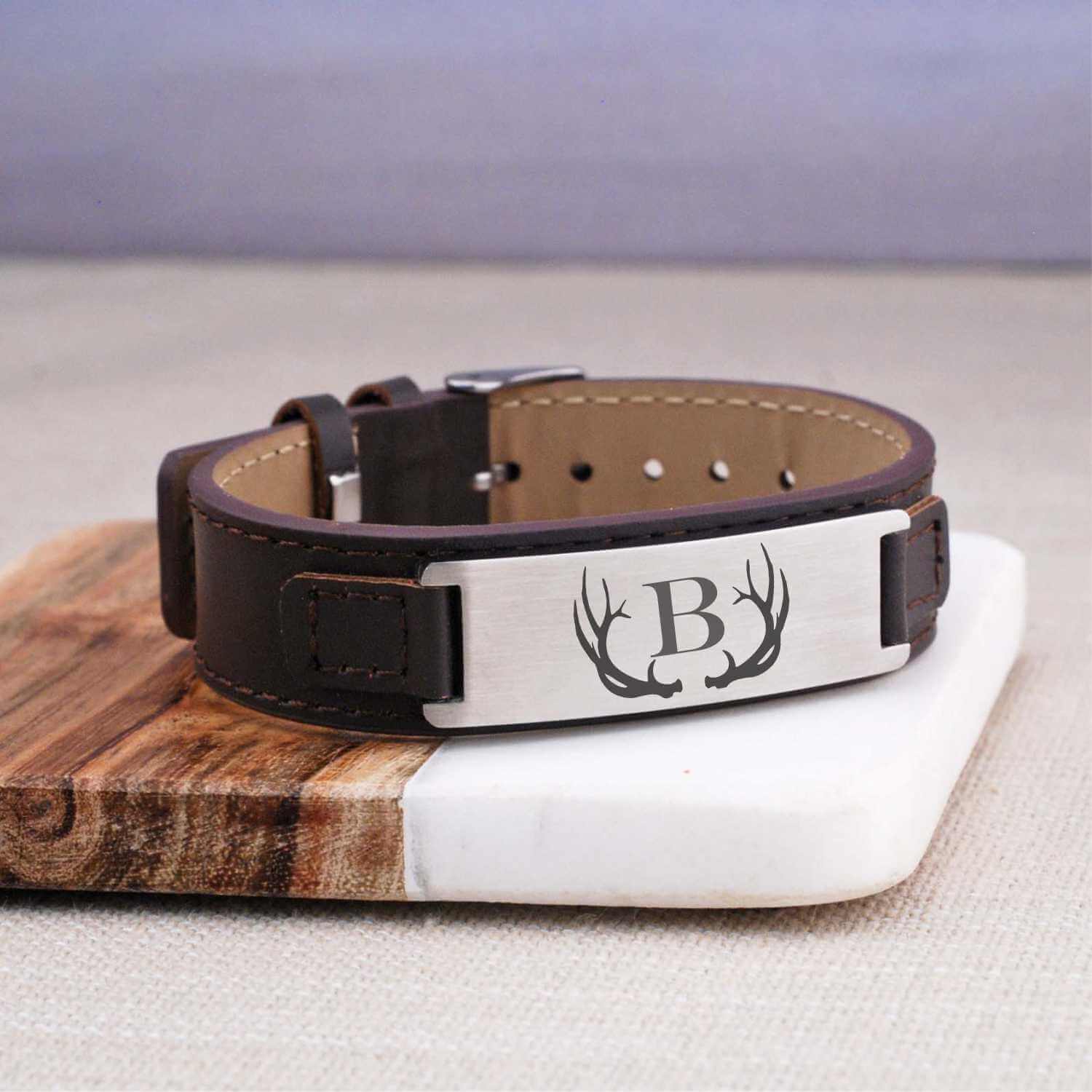 Leather Bracelet - Antler with Initial