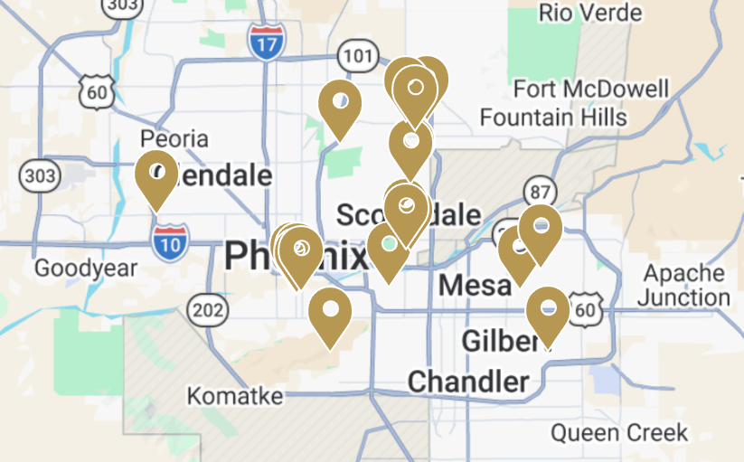 Map of Phoenix area with location markers indicating various points where Love, Georgie can set-up a mobile charm bar.