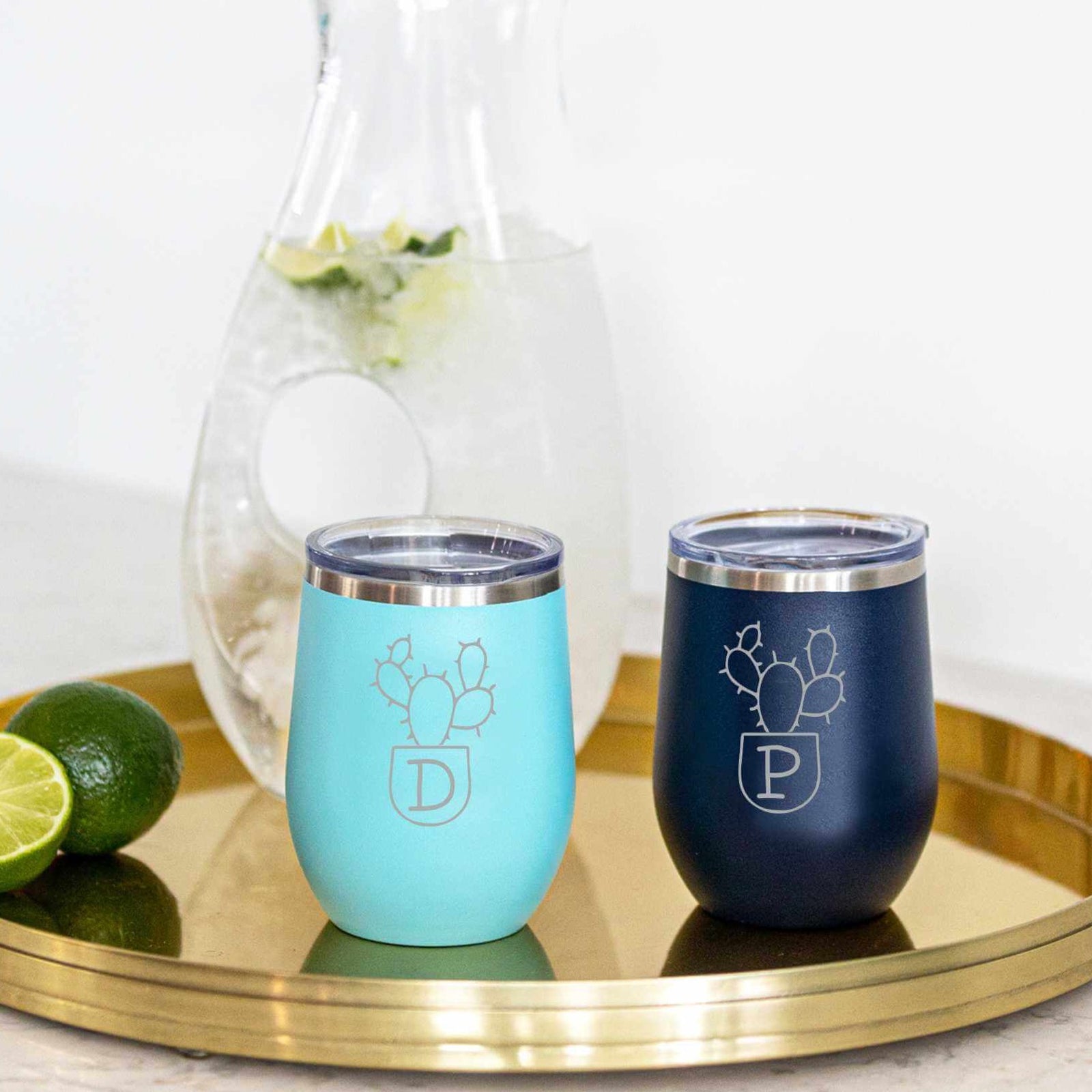 Insulated Wine Tumbler with Succulent & Initial - 12 oz.