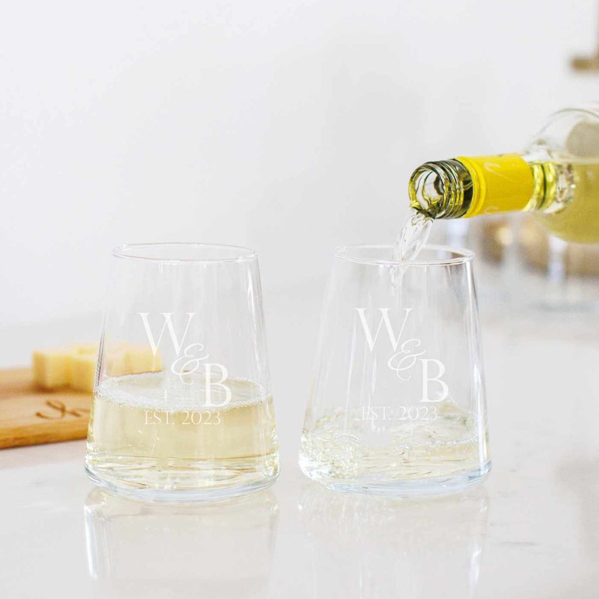 Couple's Set of Modern Wine Glasses with Initials & Date