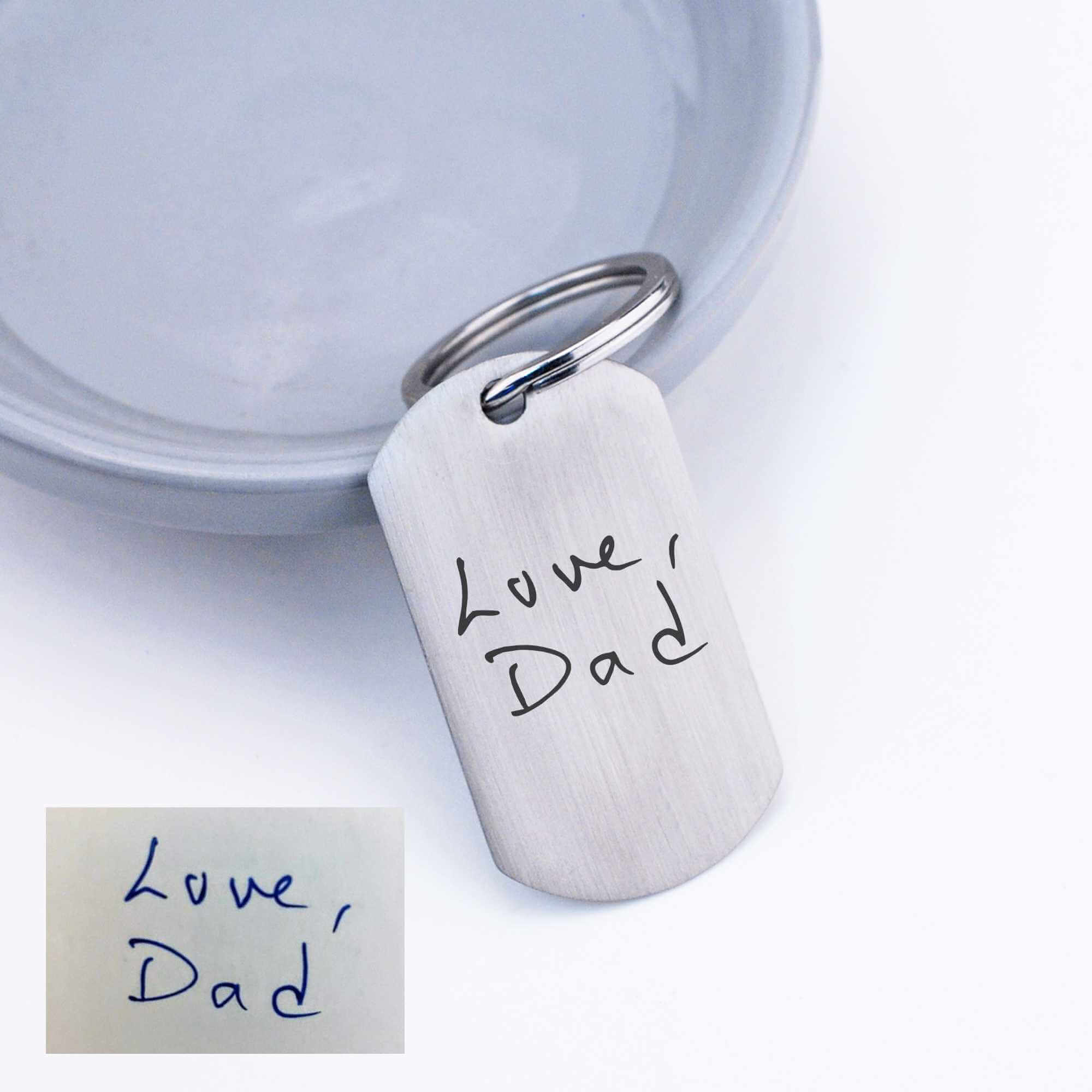 Handwritten Keychain with Love Dad on a Dog Tag