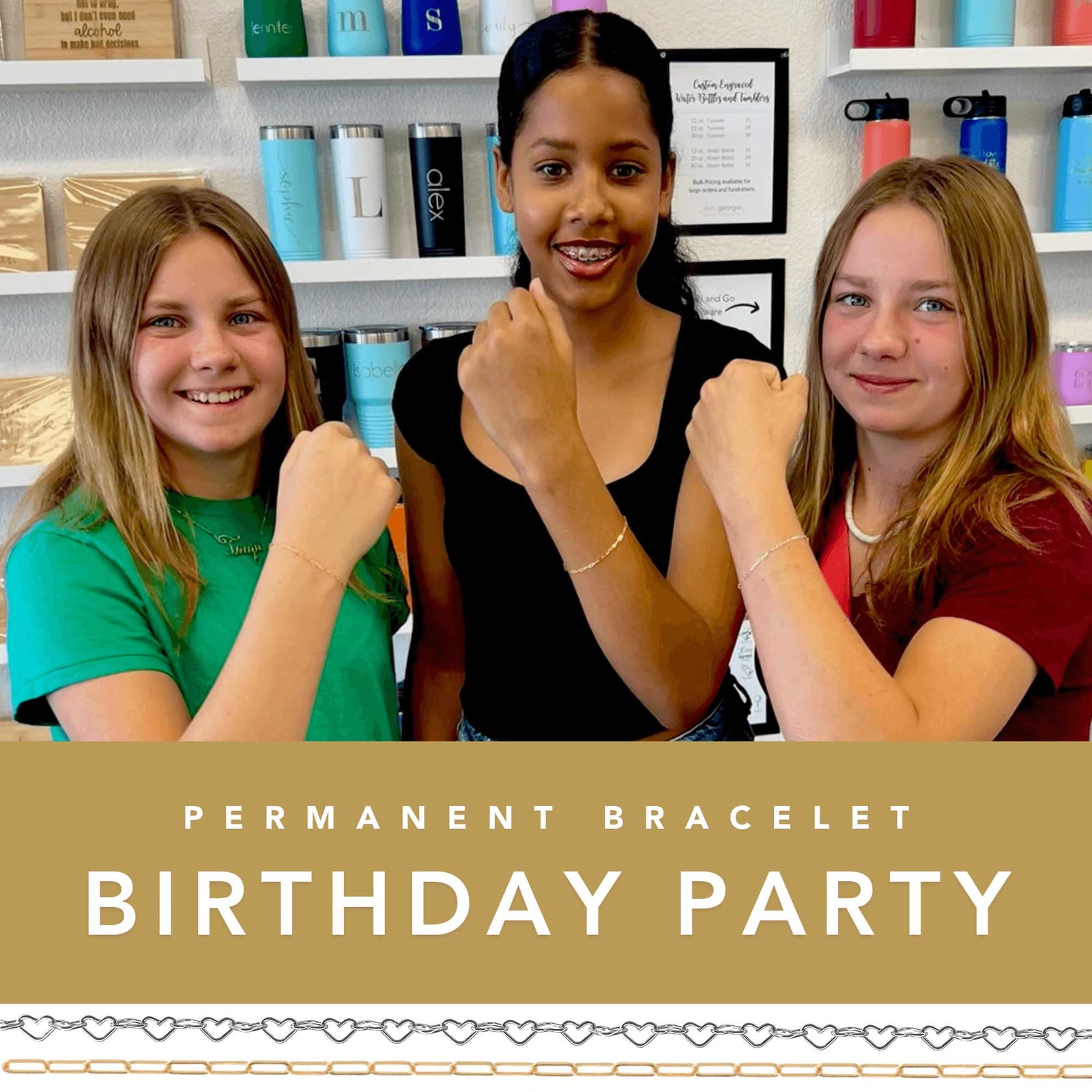 Three young girls posing with a 'Permanent Bracelet Birthday Party' text overlay.