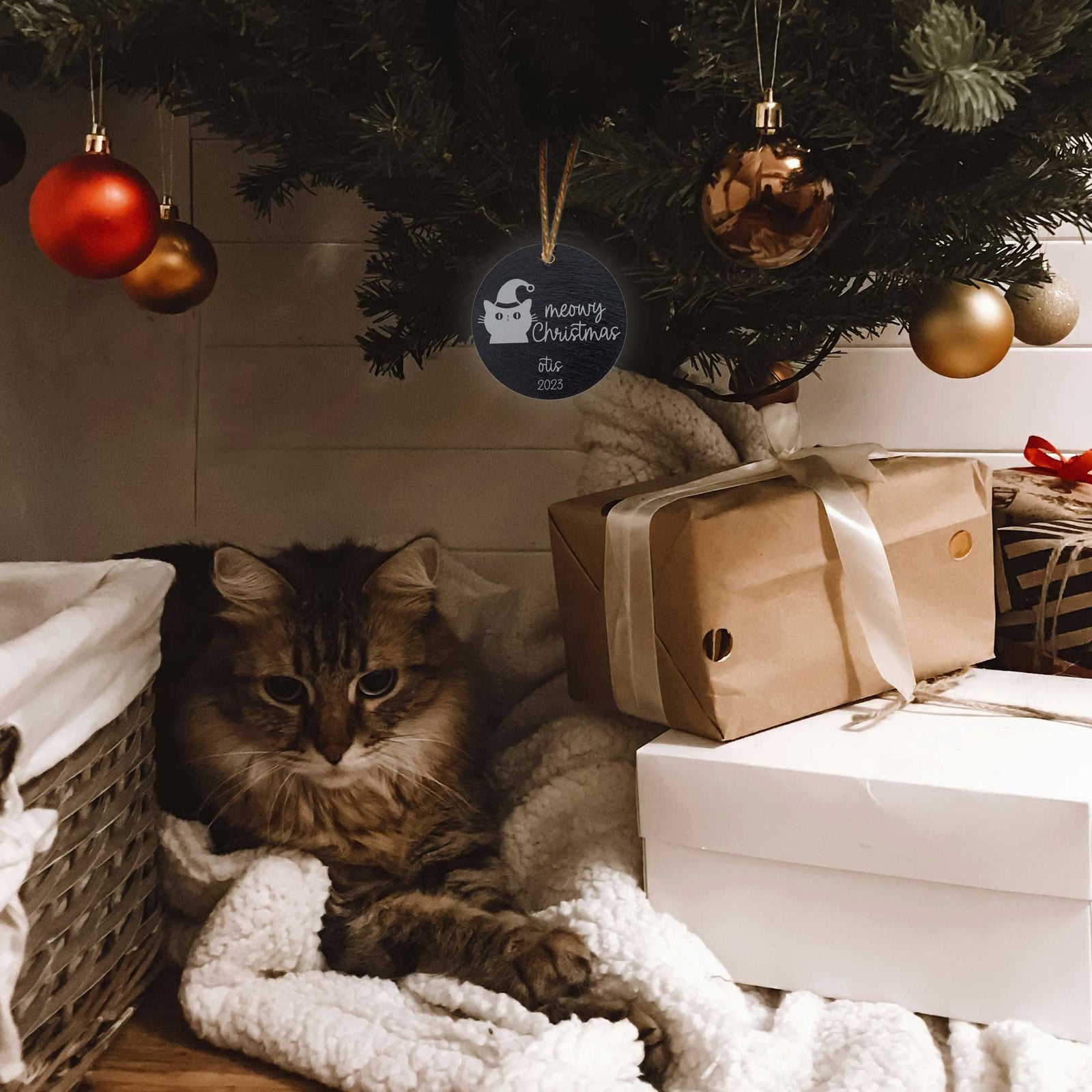 Meowy Christmas - Tree Ornament with Cat's Name & Year