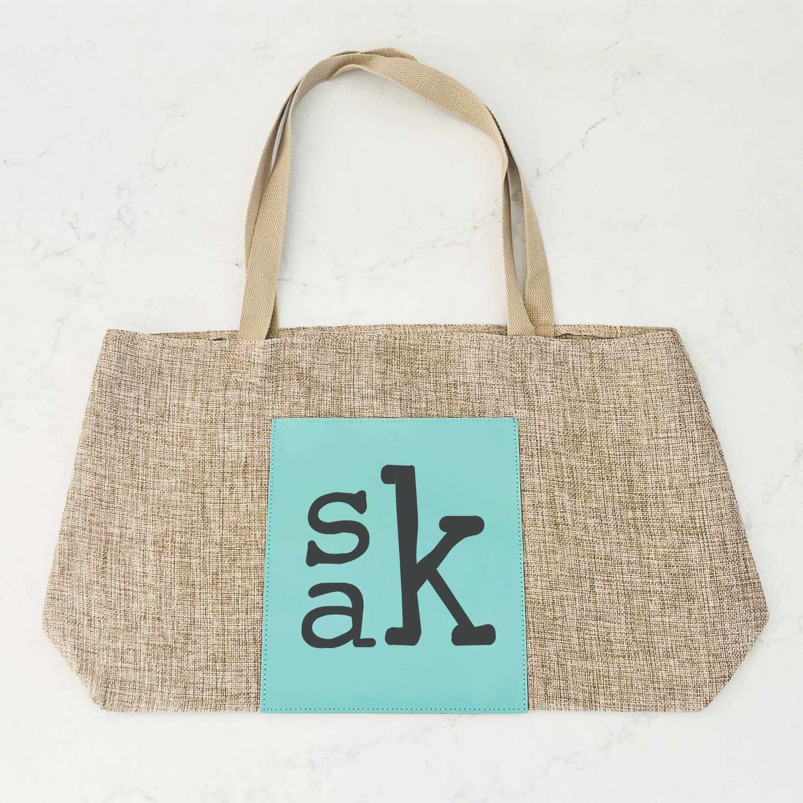 Monogrammed Vegan Leather and Burlap Tote Bag