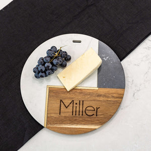 Circular Marble and Acacia Charcuterie Board with Name - 12 inch