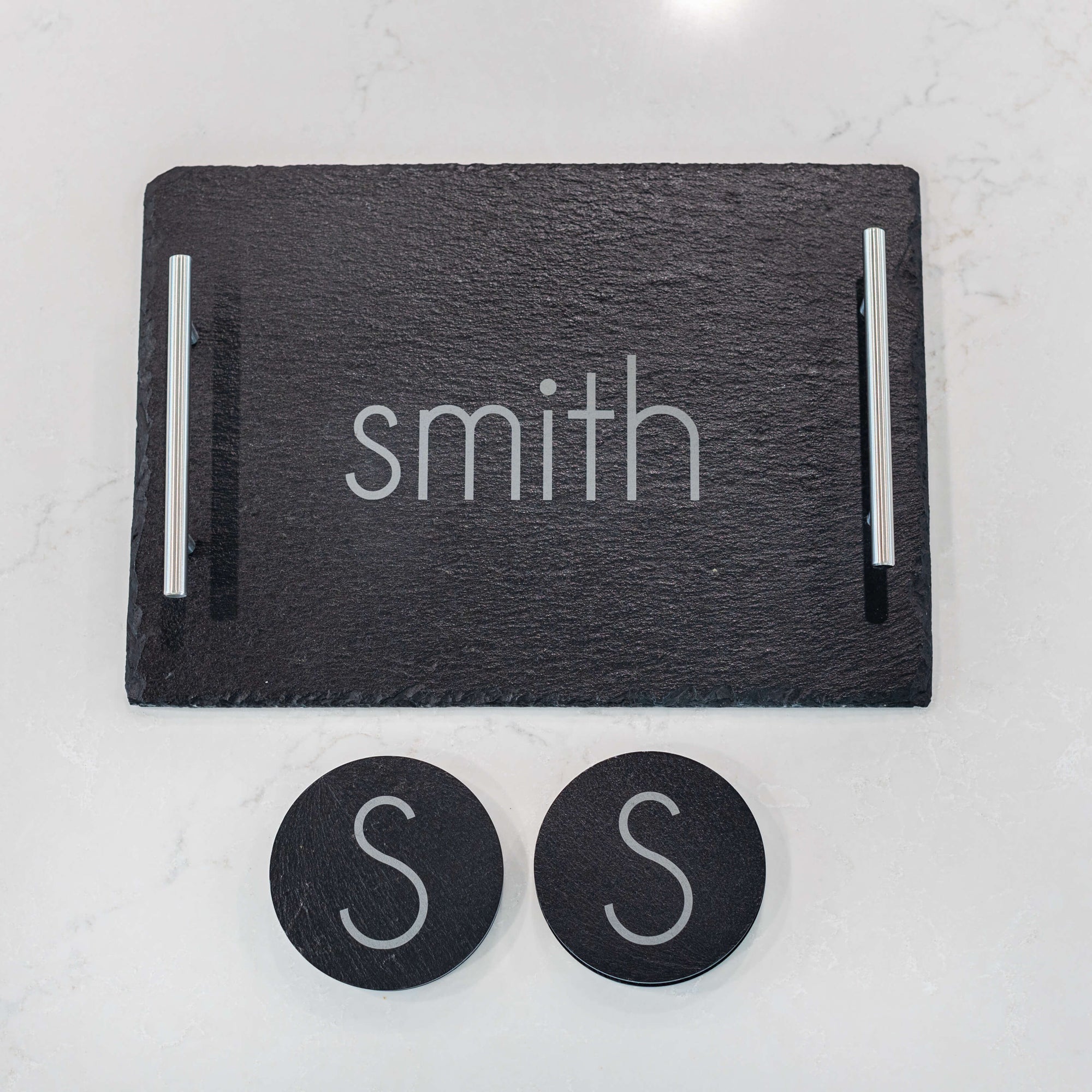 Personalized Slate Charcuterie Board and 4 Coaster Set