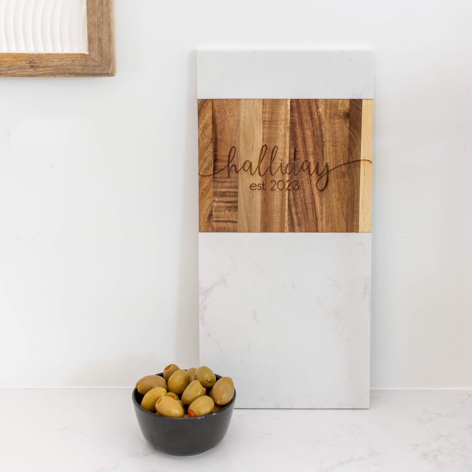 Marble and Acacia Charcuterie Board with Last Name and Date - 7 x 15 inches