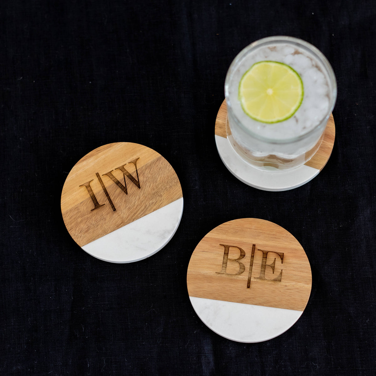 Couple's Initials Coaster Set - 4 Round - Marble and Acacia Wood