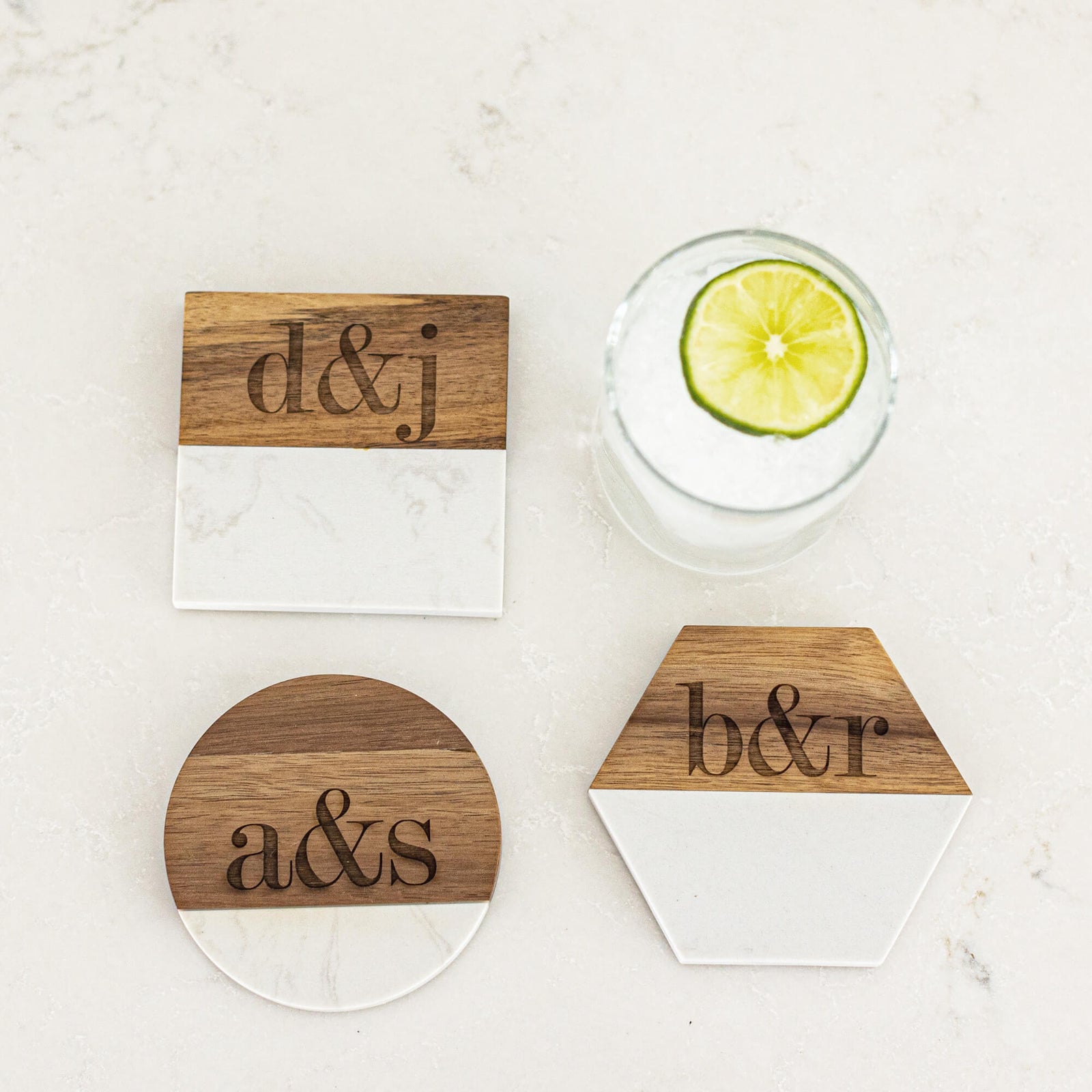Couple's Initials on Marble & Acacia Coasters - choose a shape - 4 pcs