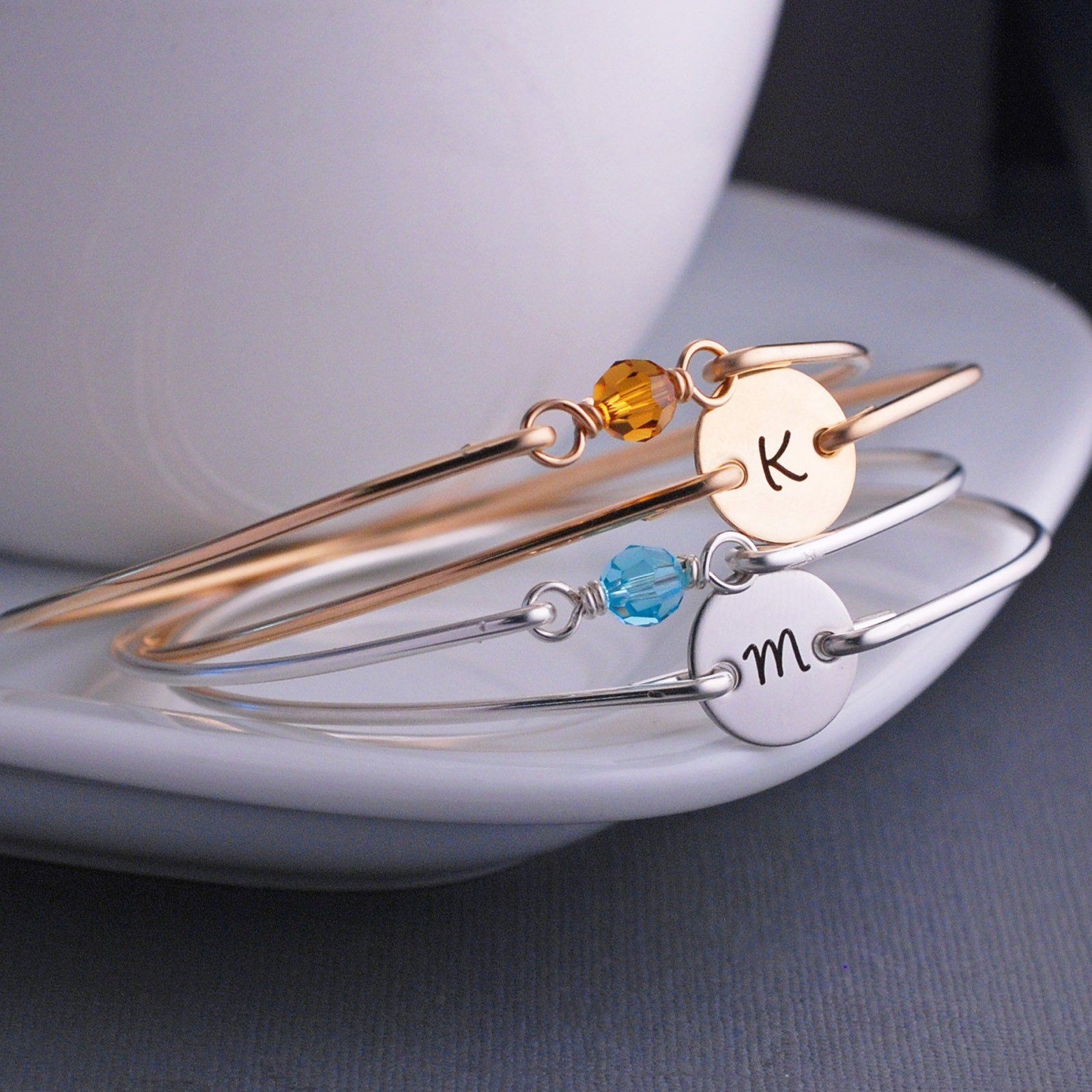 Birthstone and Initial Bangle Bracelet Set – bracelet – Love, Georgie