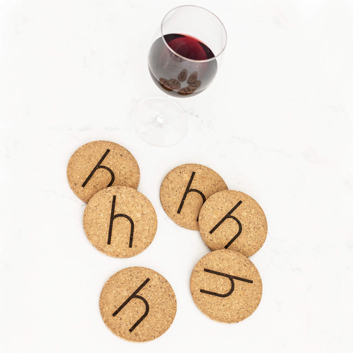 6 Round Coasters with Initial - Cork