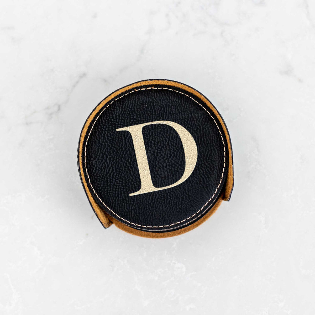 6 Round Vegan Leather Coasters and Holder - Initial