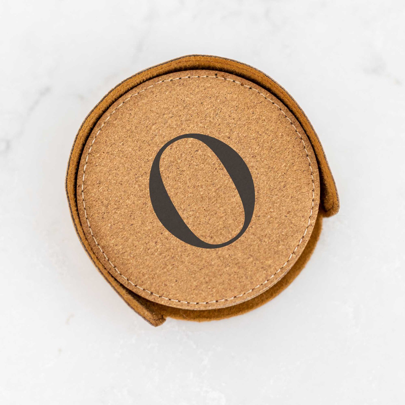 6 Round Vegan Leather Coasters and Holder - Initial