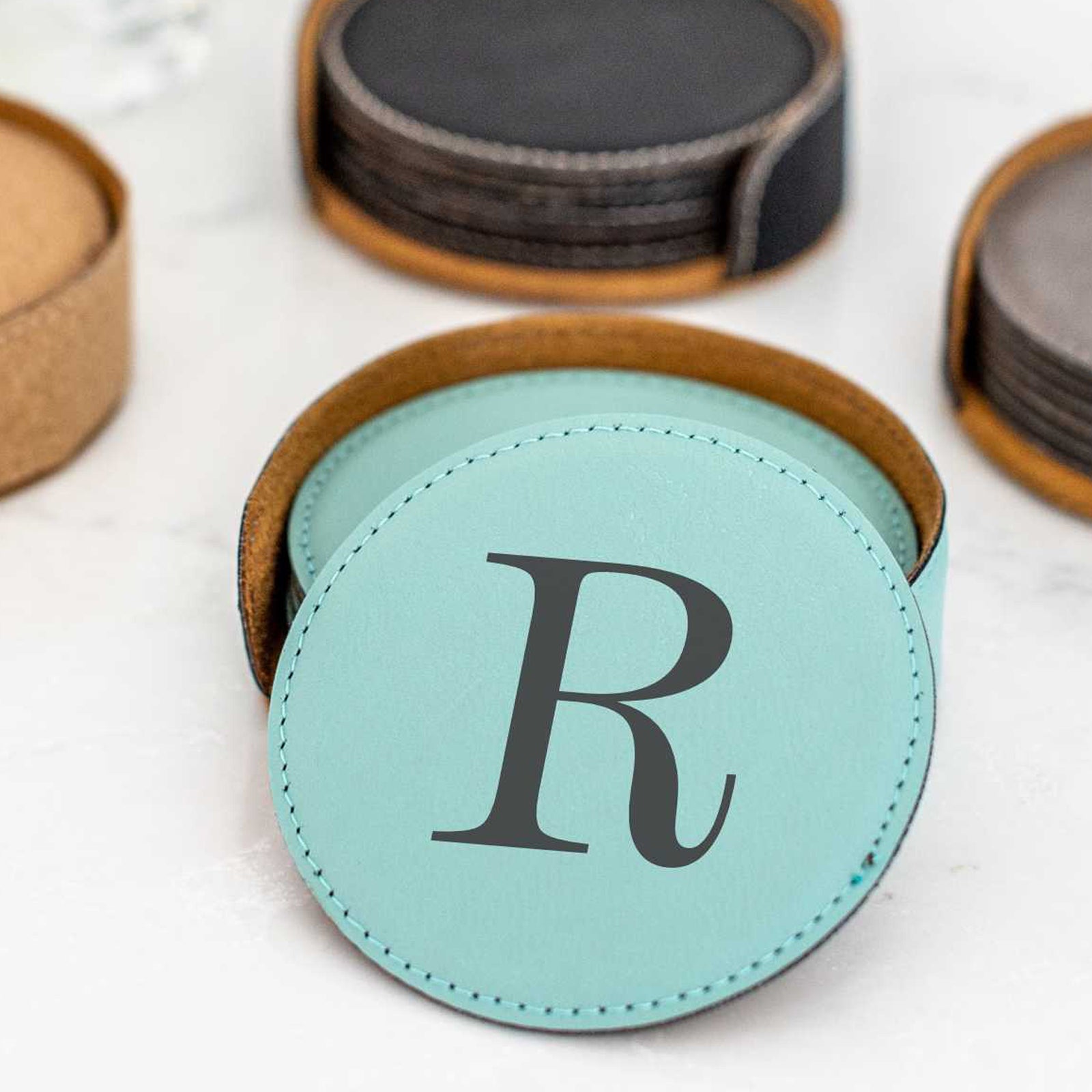 6 Round Vegan Leather Coasters and Holder - Initial