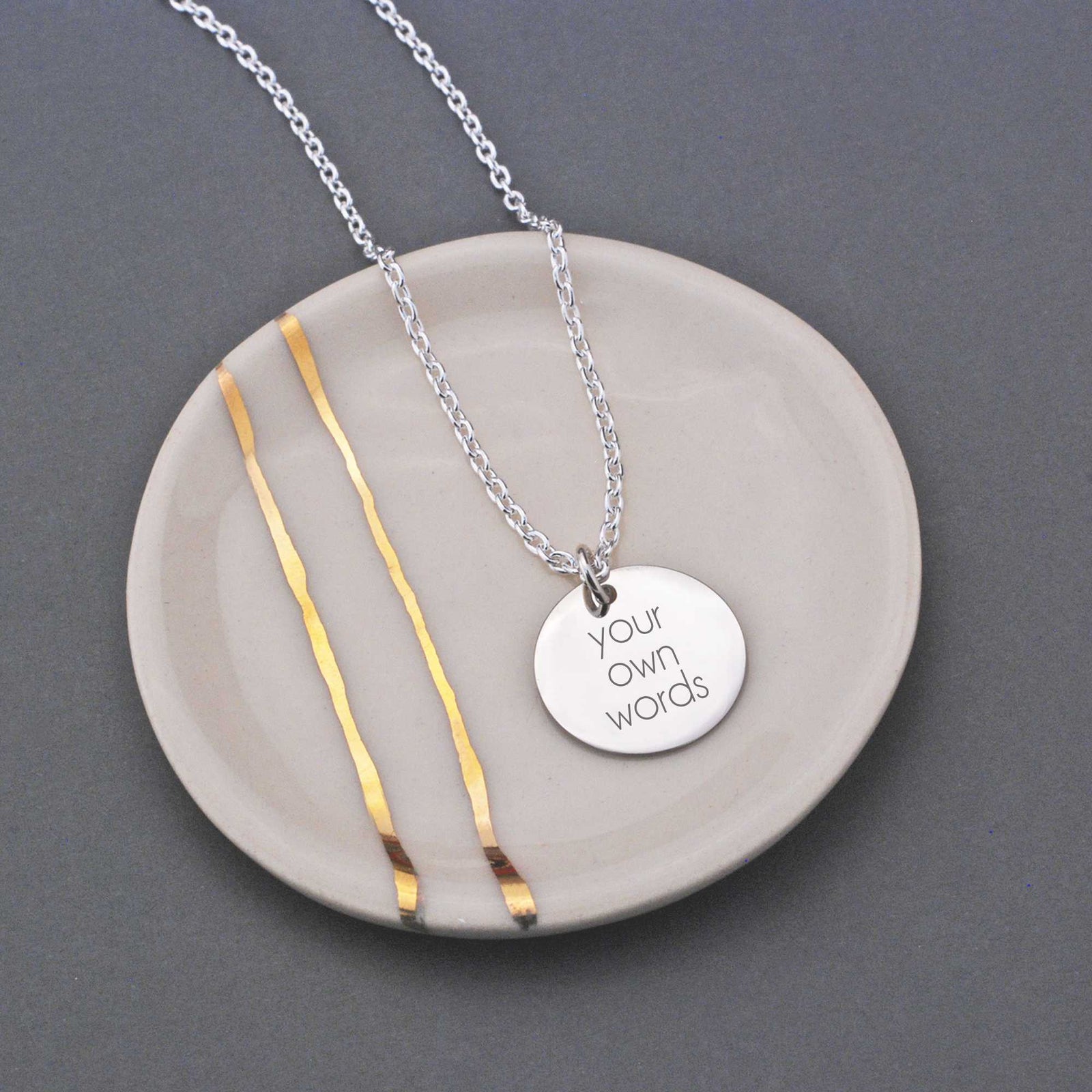 Round Charm Necklace Engraved with Your Own Words