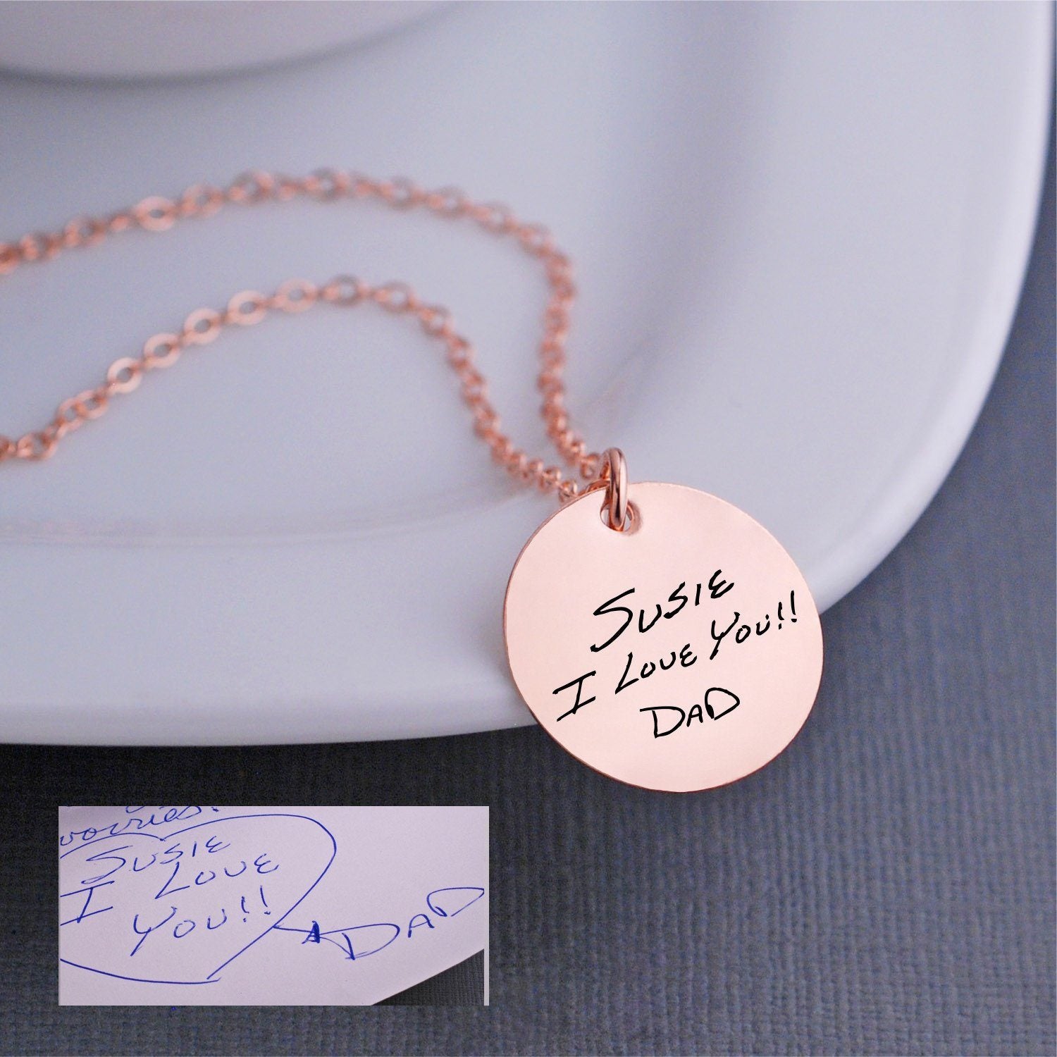 Handwriting pendant necklace in sterling silver - round – Becky Pearce  Designs