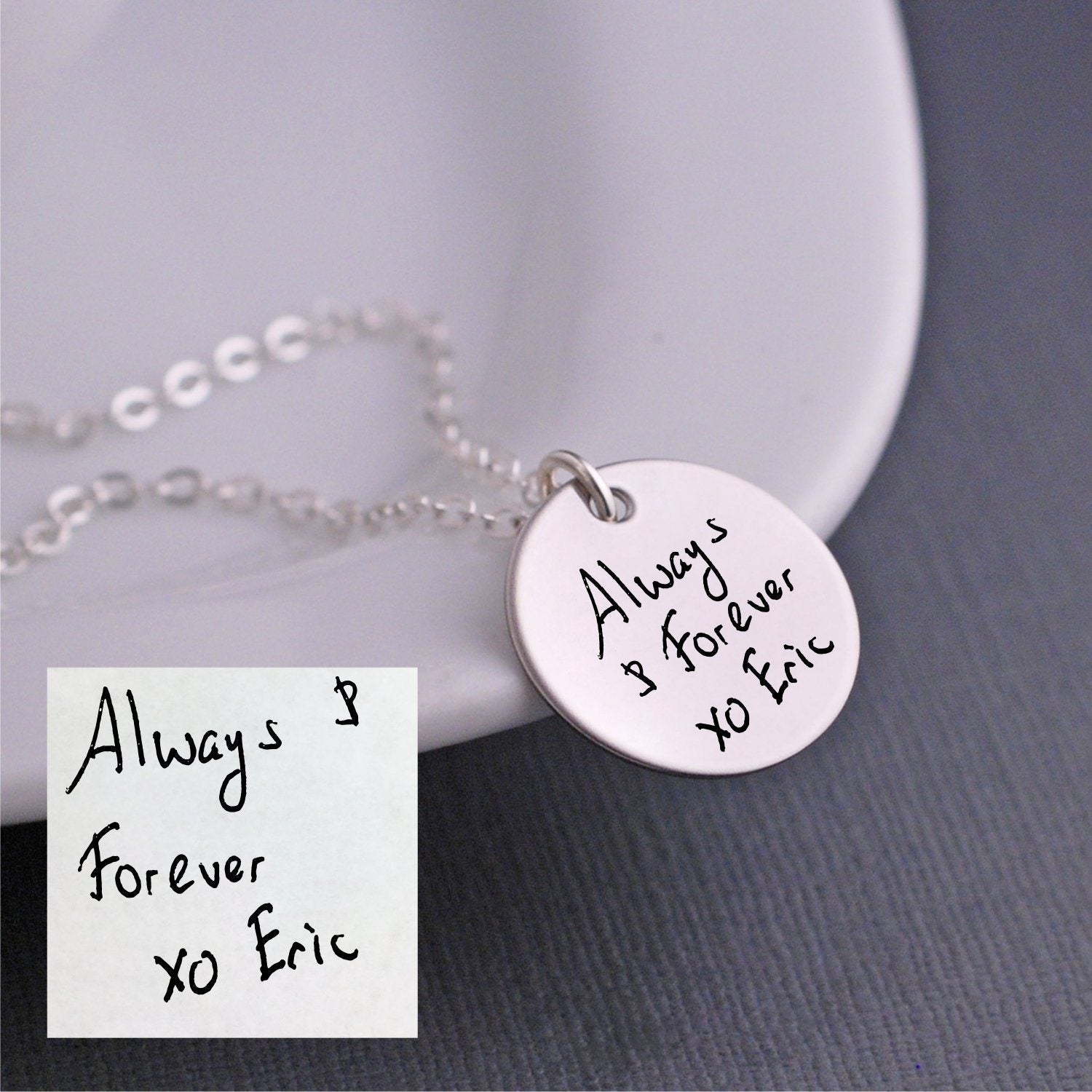 Sterling Silver Large Disc Pendant Necklace with Engraved Handwriting - The  Perfect Keepsake Gift