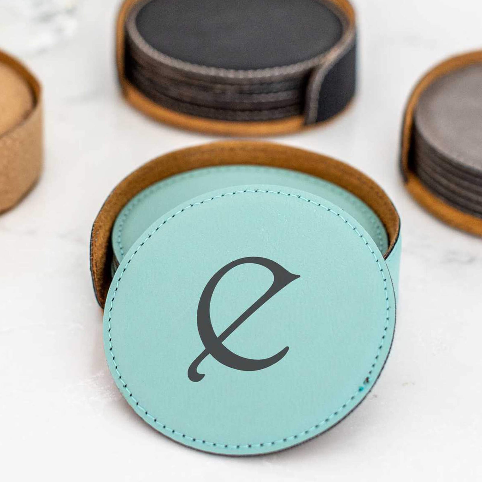 6 Round Vegan Leather Coasters and Holder - Initial