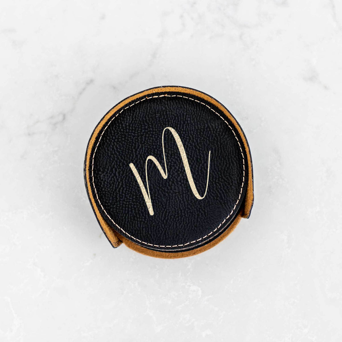 6 Round Vegan Leather Coasters and Holder - Initial