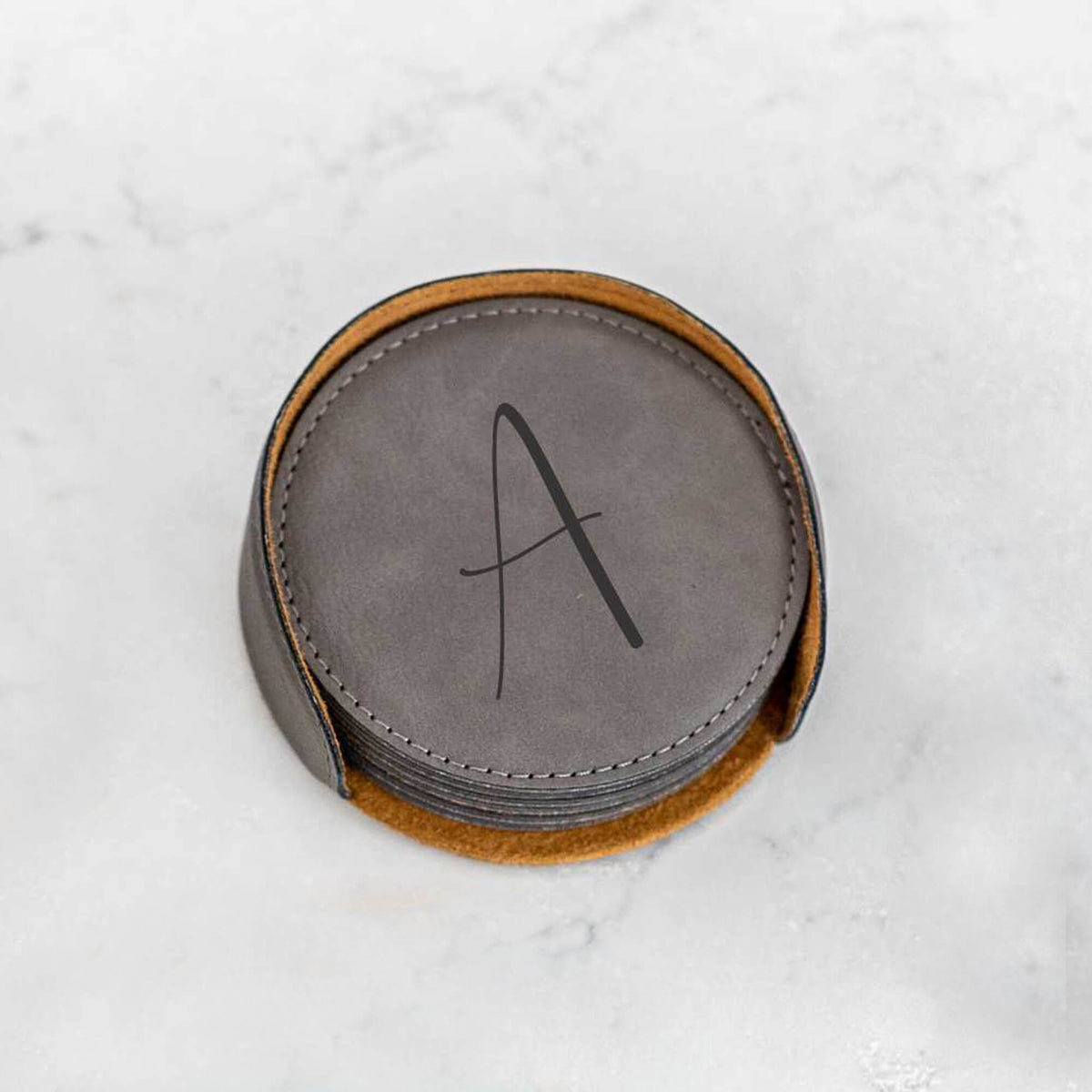 6 Round Vegan Leather Coasters and Holder - Initial