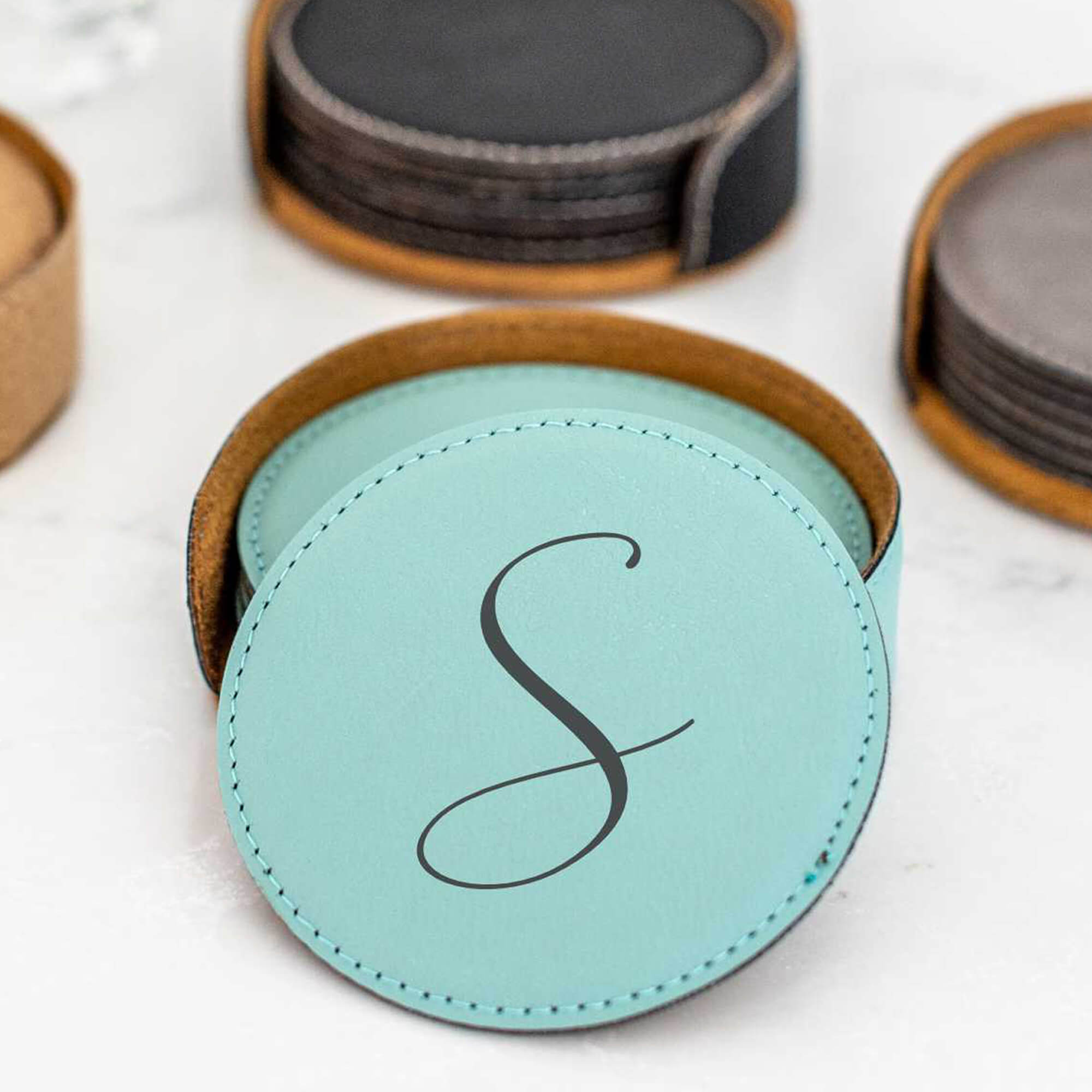 6 Round Vegan Leather Coasters and Holder - Initial