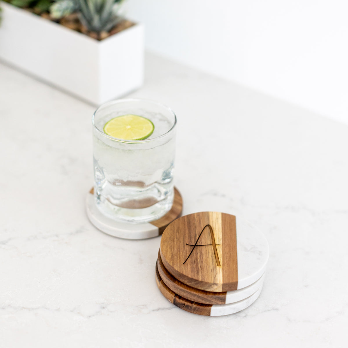 Marble and Acacia Wood Coasters with Initial - Set of 4 - Round