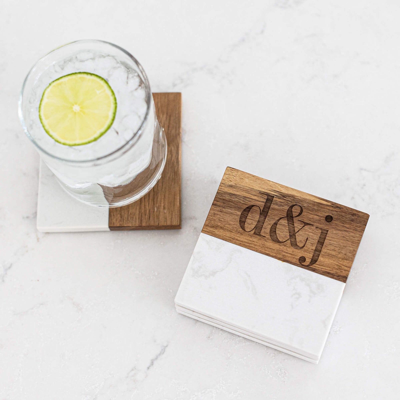 Couple's Initials on Marble & Acacia Coasters - choose a shape - 4 pcs