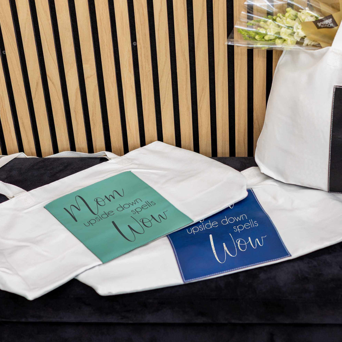 Vegan Leather and Canvas Tote Bag - Mom Upside Down Spells Wow