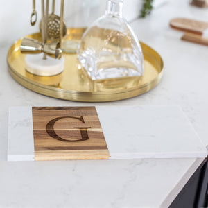 Marble and Acacia Charcuterie Board with Initial - 7 x 15 inches