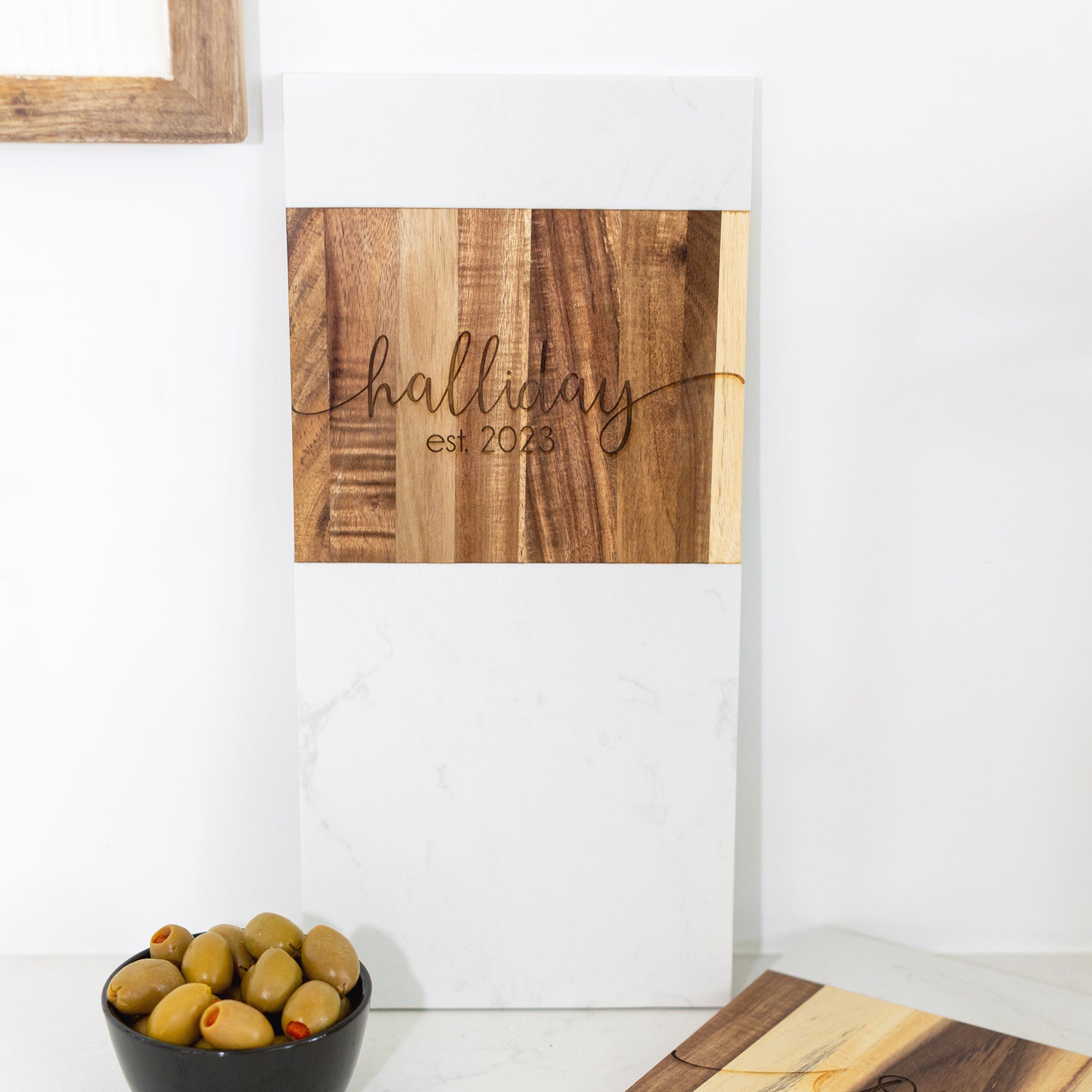 Marble and Acacia Charcuterie Board with Last Name and Date - 7 x 15 inches