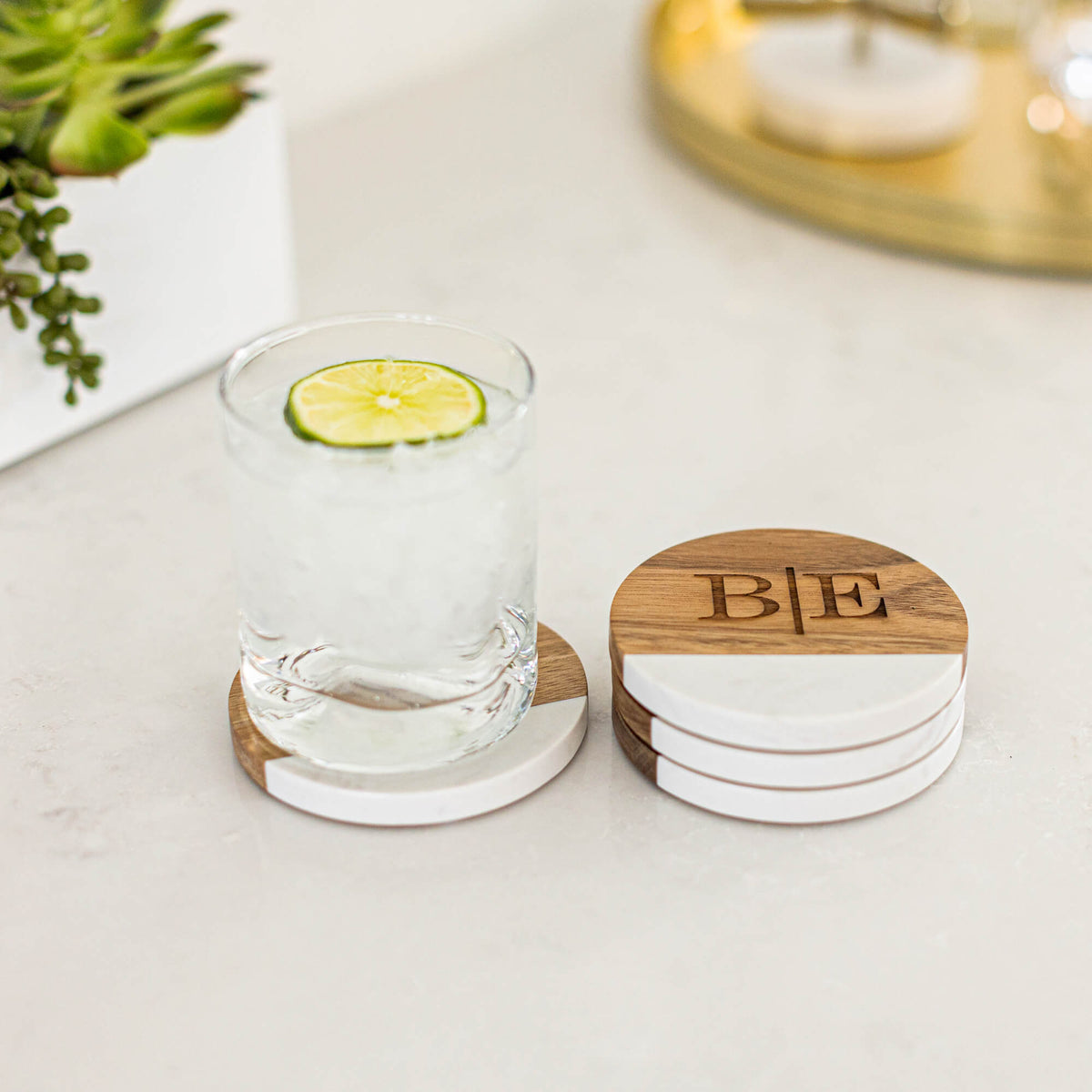 Couple's Initials Coaster Set - 4 Round - Marble and Acacia Wood