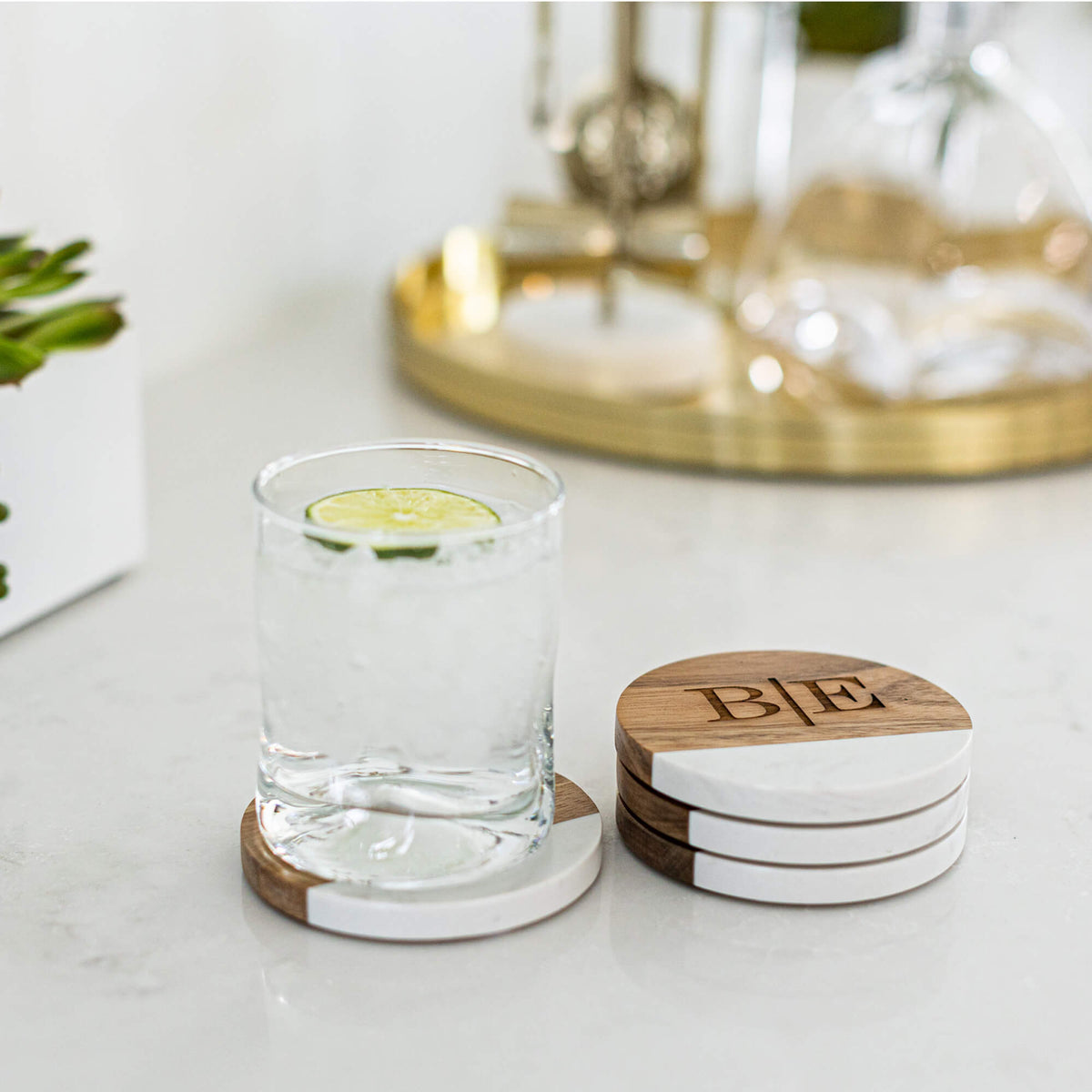 Couple&#39;s Initials Coaster Set - 4 Round - Marble and Acacia Wood