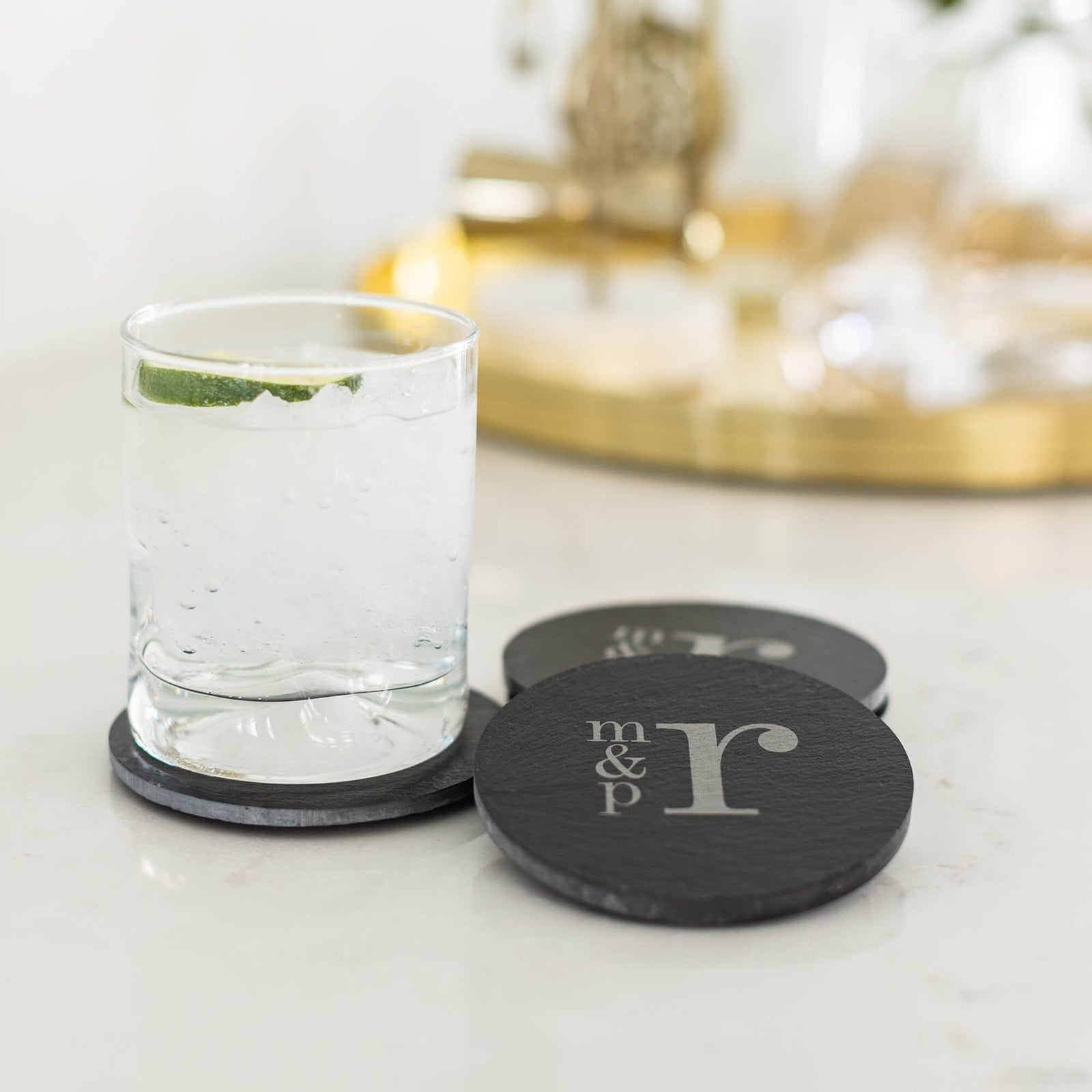 4 Round Slate Coaster SET with Couple's Monogram