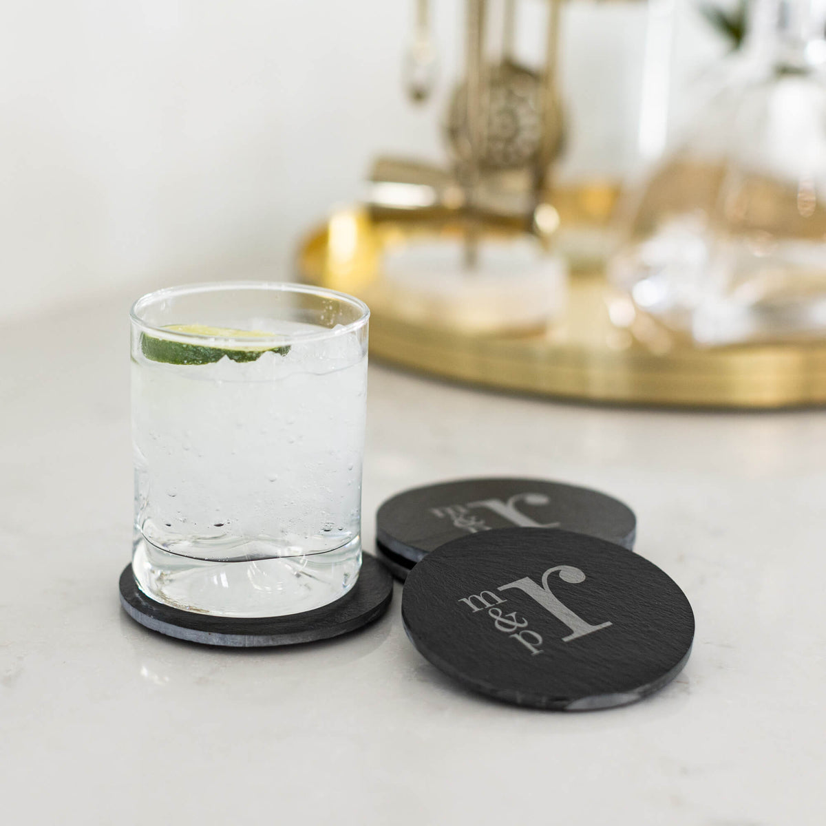 4 Round Slate Coaster SET with Couple's Monogram