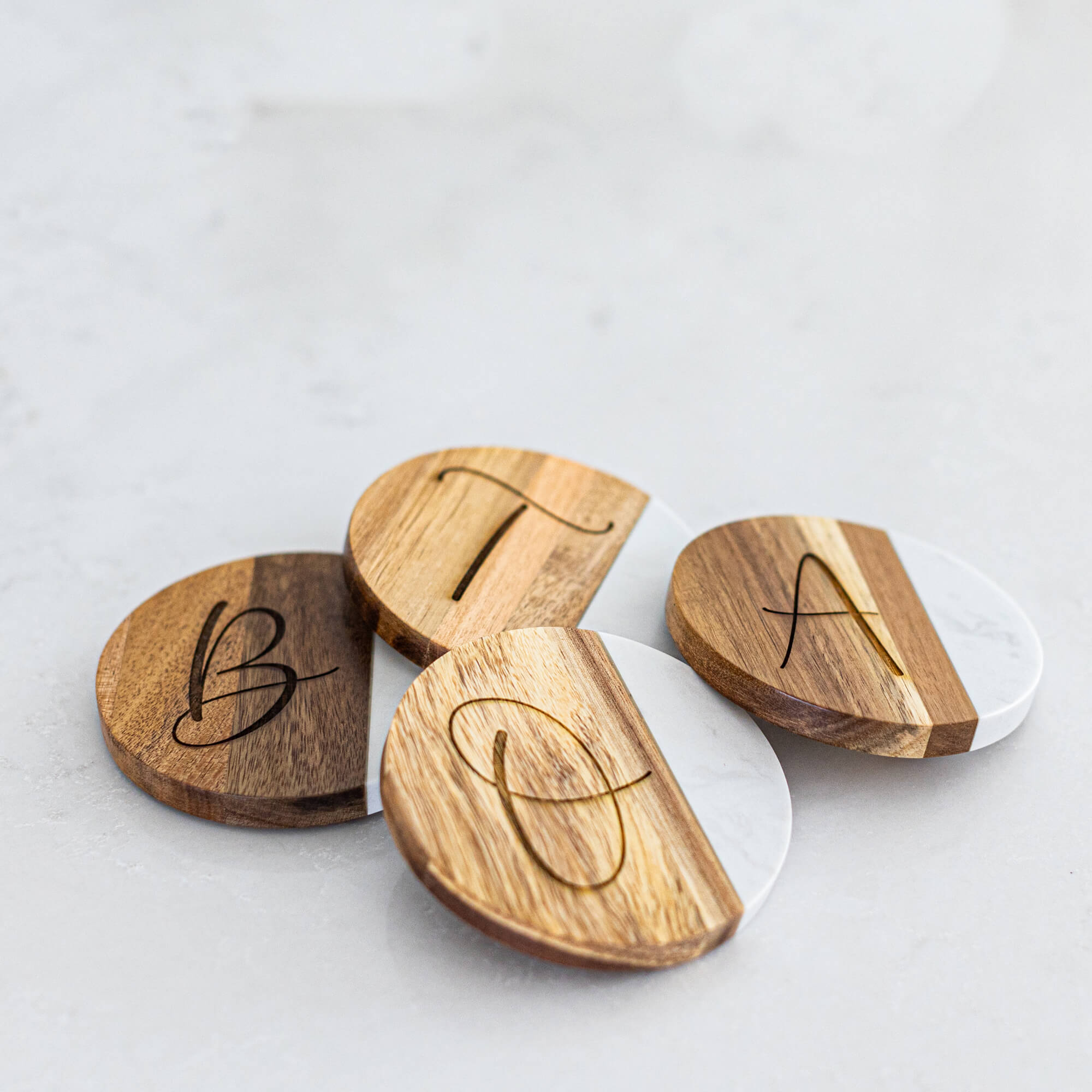 Marble and Acacia Wood Coasters with Initial - Set of 4 - Round