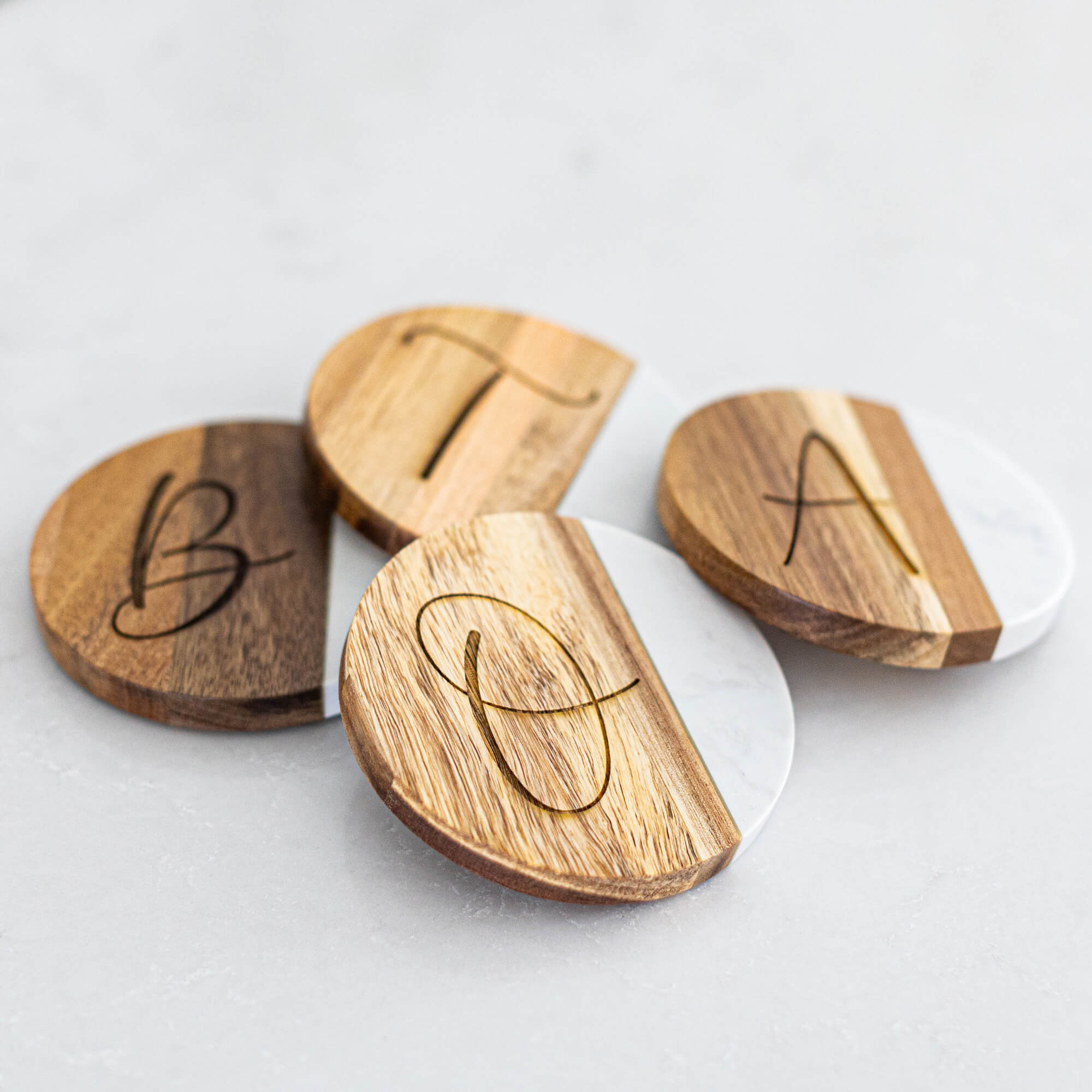 Marble and Acacia Wood Coasters with Initial - Set of 4 - Round