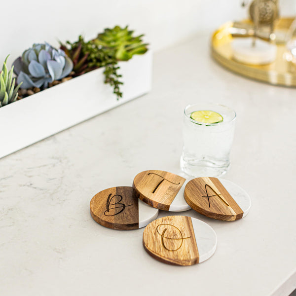 at Home Set of 4 White Marble & Acacia Wood Coasters