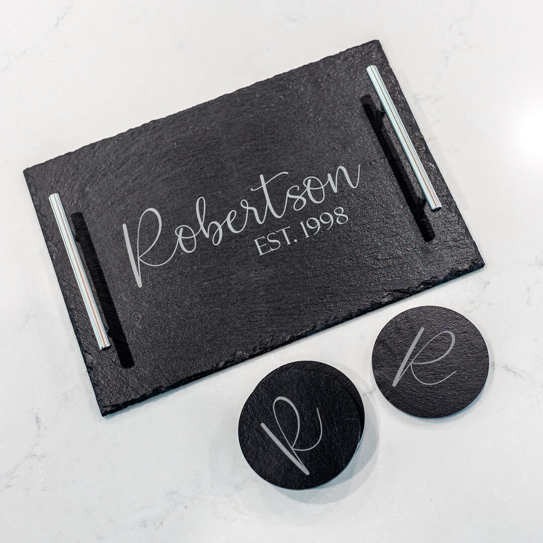 Slate Charcuterie Board and 4 Coaster Set with Name and Date