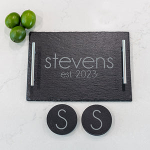 Slate Charcuterie Board and 4 Coaster Set with Name and Date