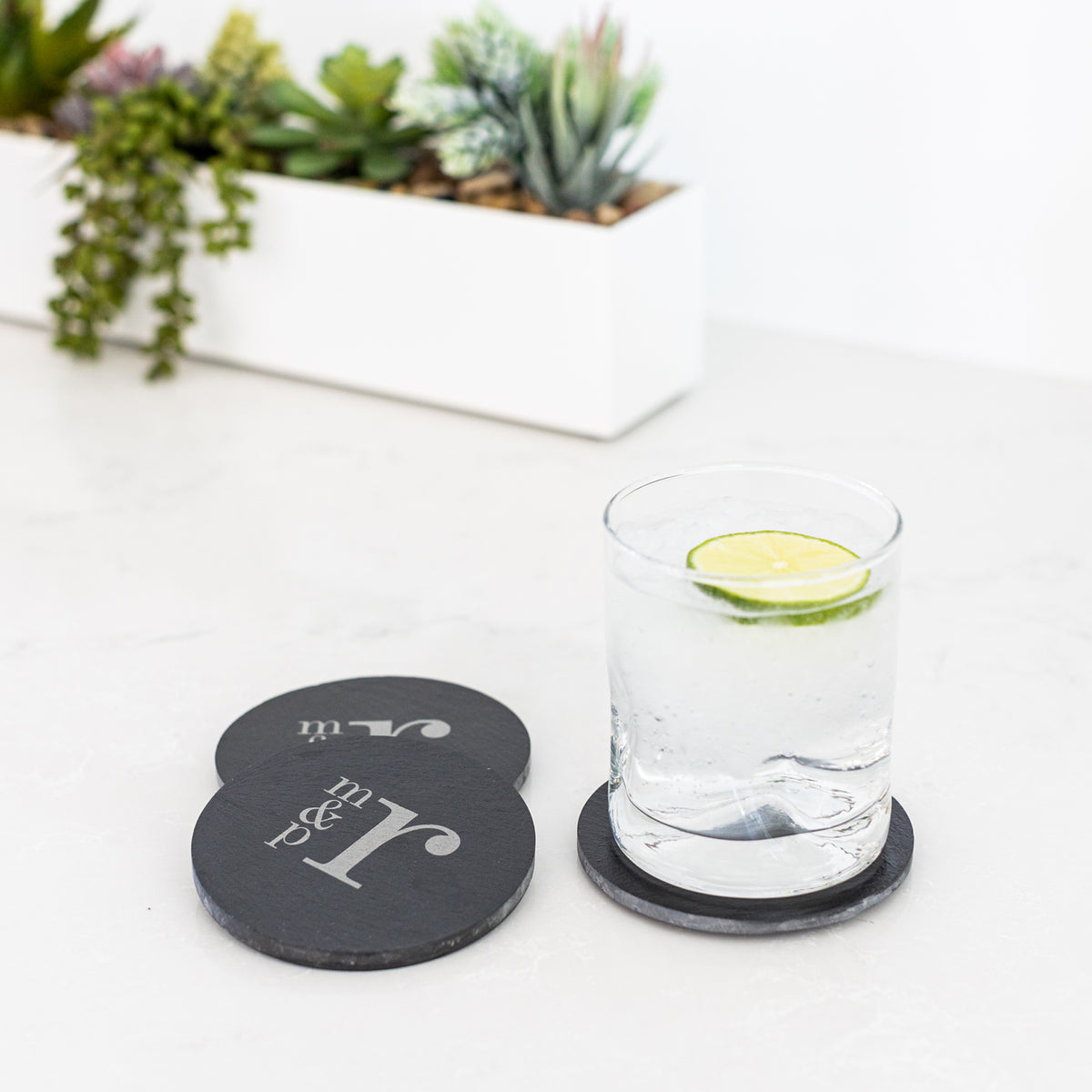 4 Round Slate Coaster SET with Couple's Monogram