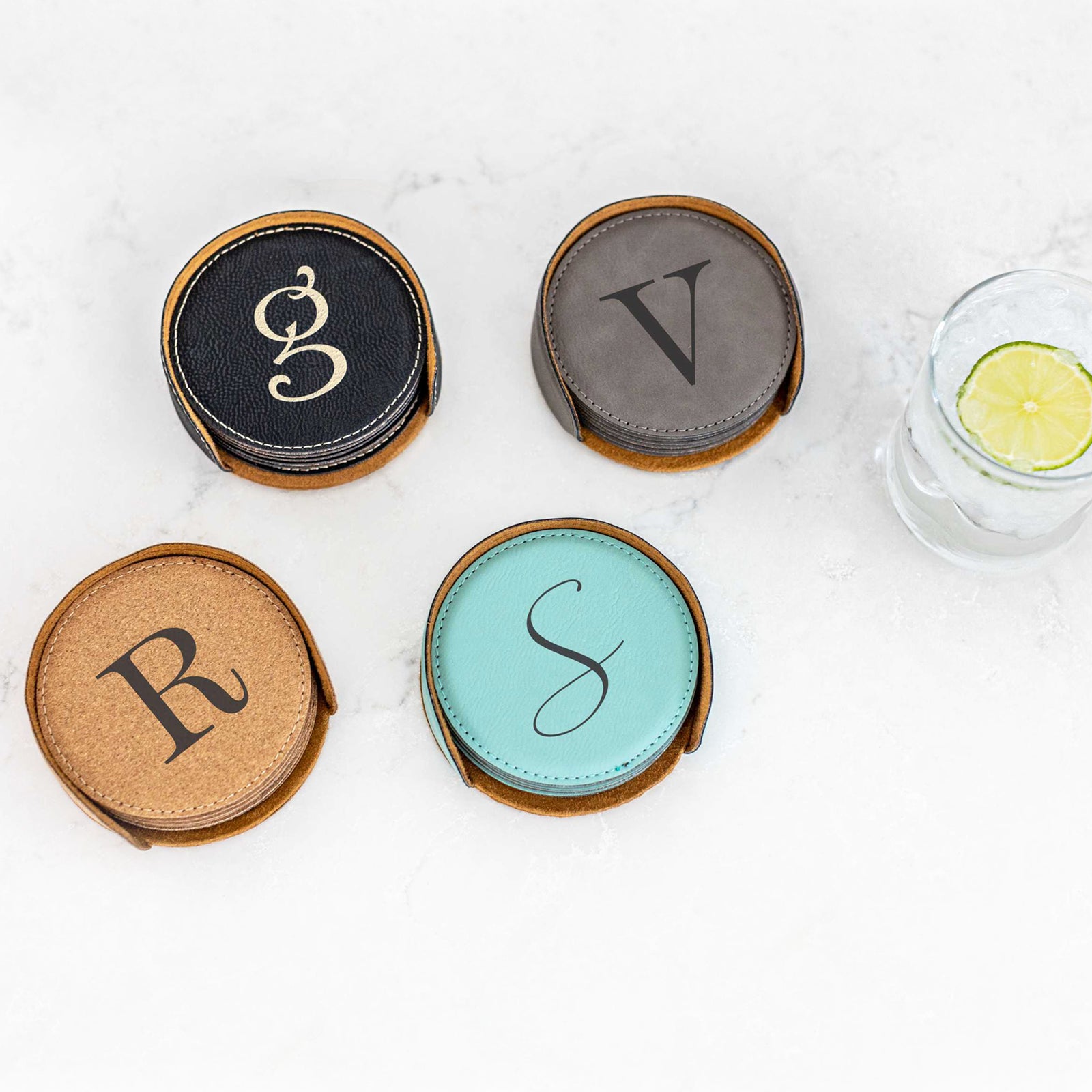 6 Round Vegan Leather Coasters and Holder - Initial